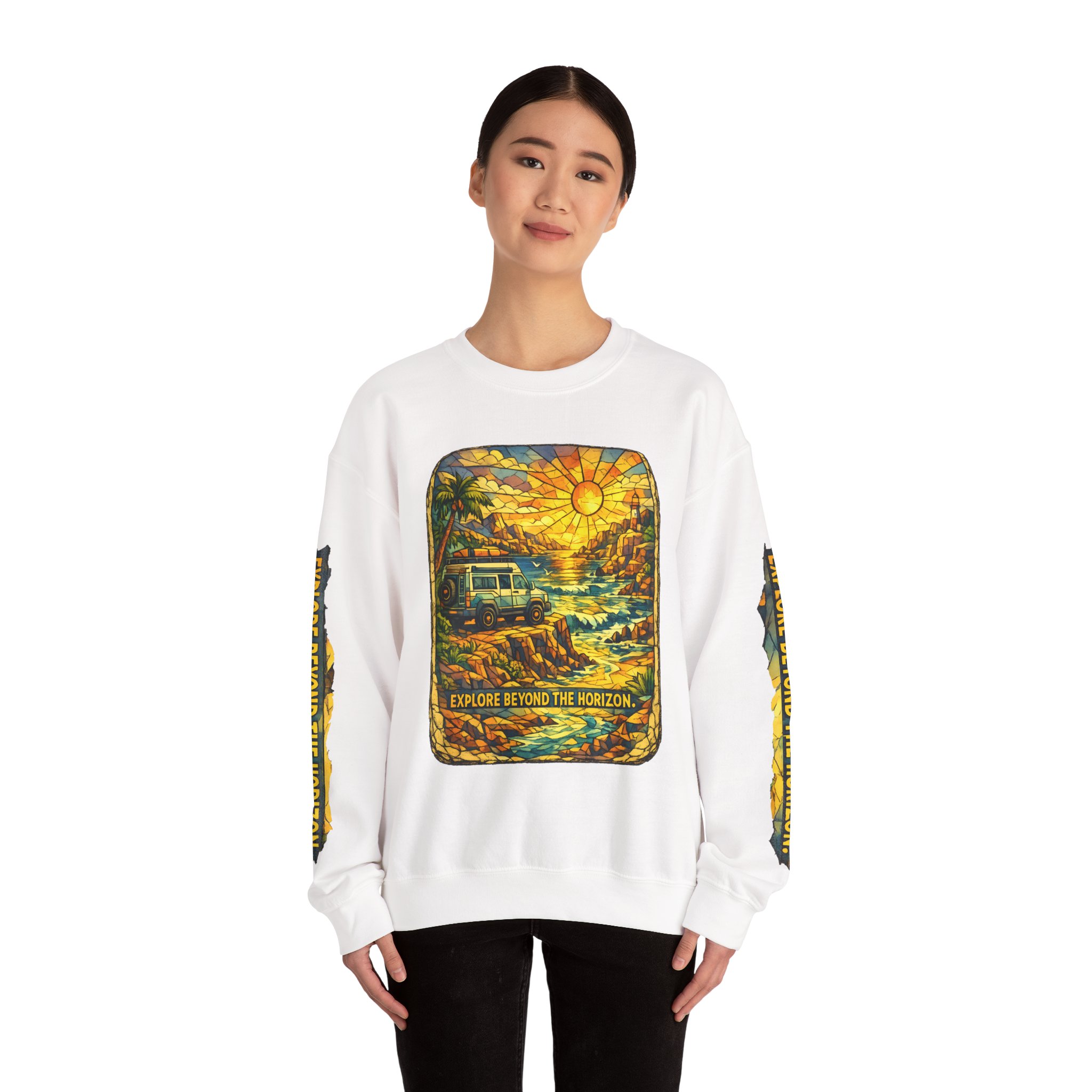 Unisex Heavy Blend™ Crewneck Sweatshirt — "Explore Beyond The Horizon" Design Cubic-Line