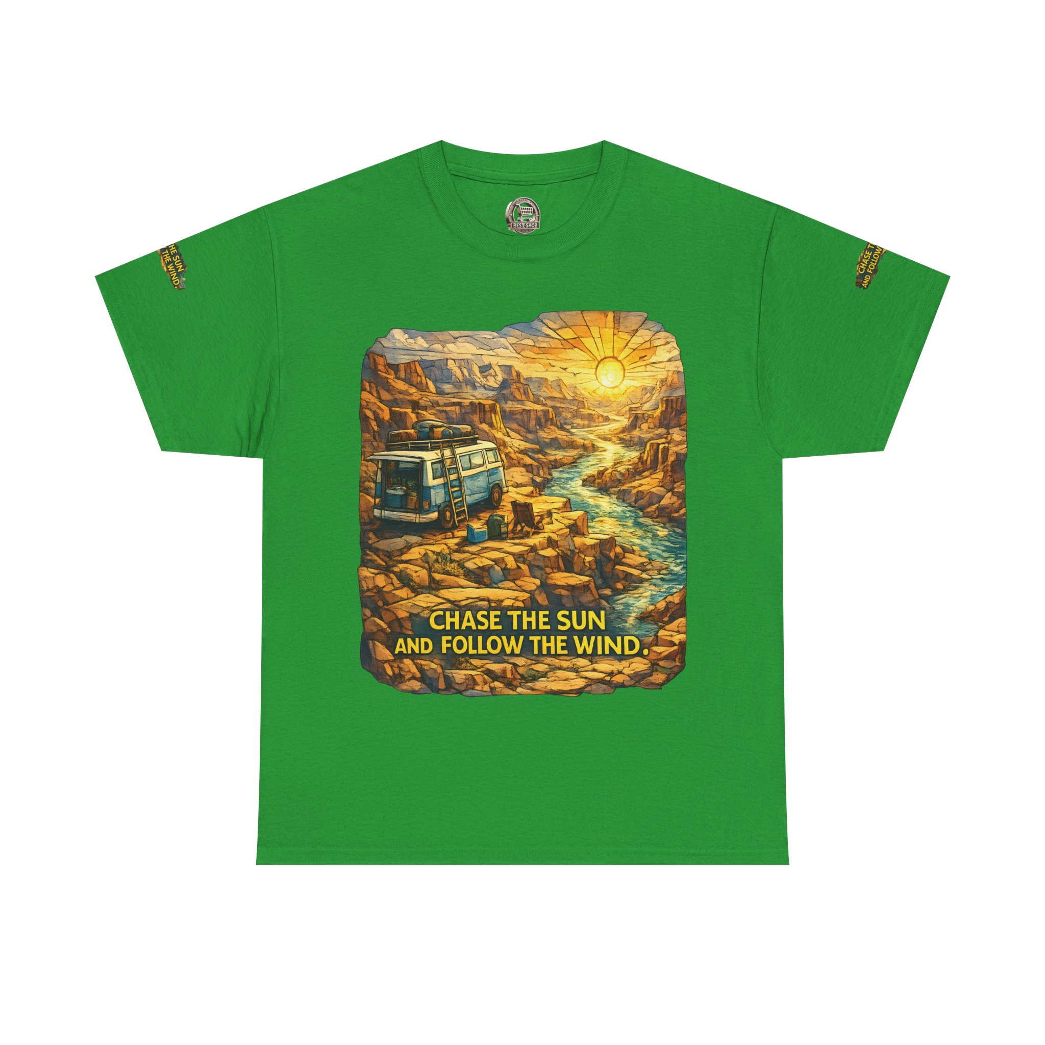 9373611651448321941_2048.jpeg Unisex Heavy Cotton Tee — "Chase The Sun And Follow The Wind" Design Cubic-Line