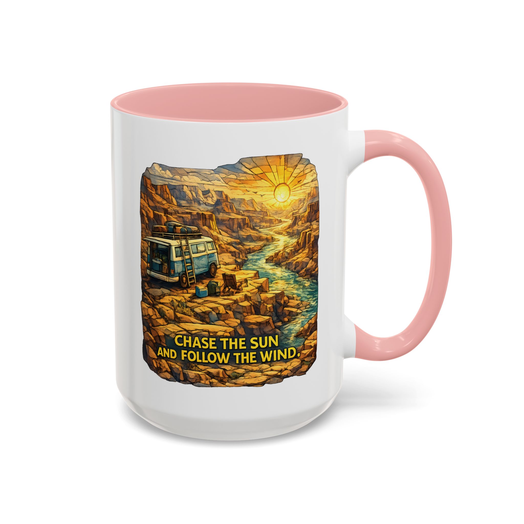Accent Coffee Mug (11, 15oz) — "Chase The Sun And Follow The Wind" Design Cubic-Line