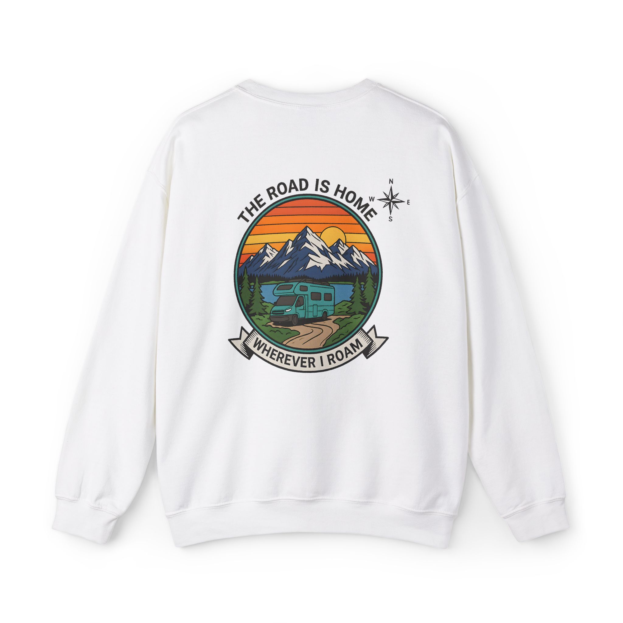 Crewneck Sweatshirt — "The Road Is Home" RV Camper Mountain Adventure