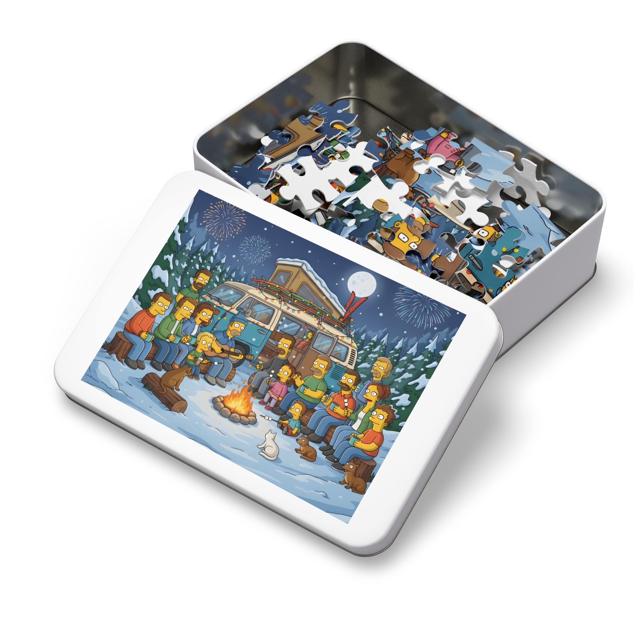 Jigsaw Puzzle with Tin — Winter Campfire Scene