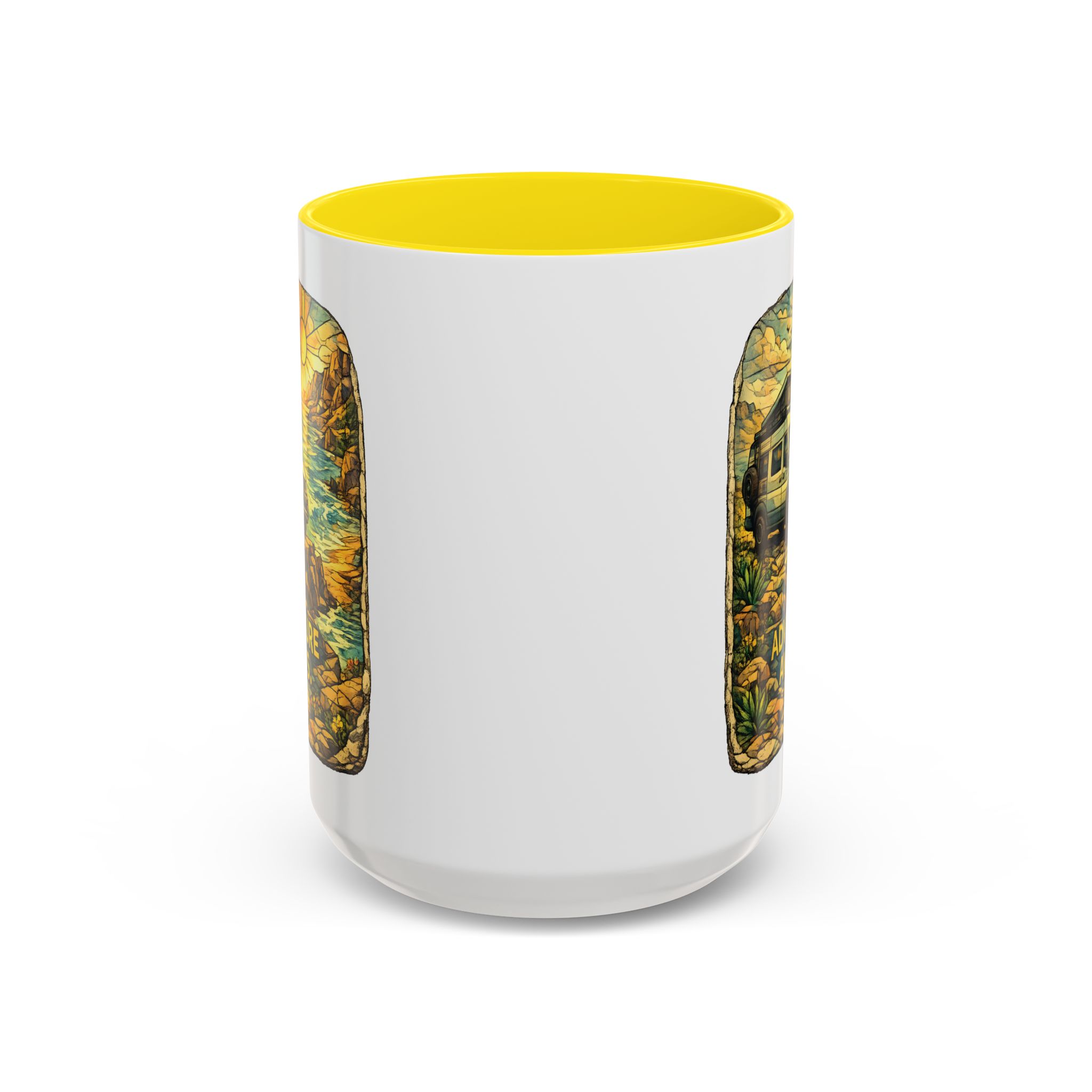 Accent Coffee Mug (11, 15oz) — "Adventure Awaits" Design Cubic-Line