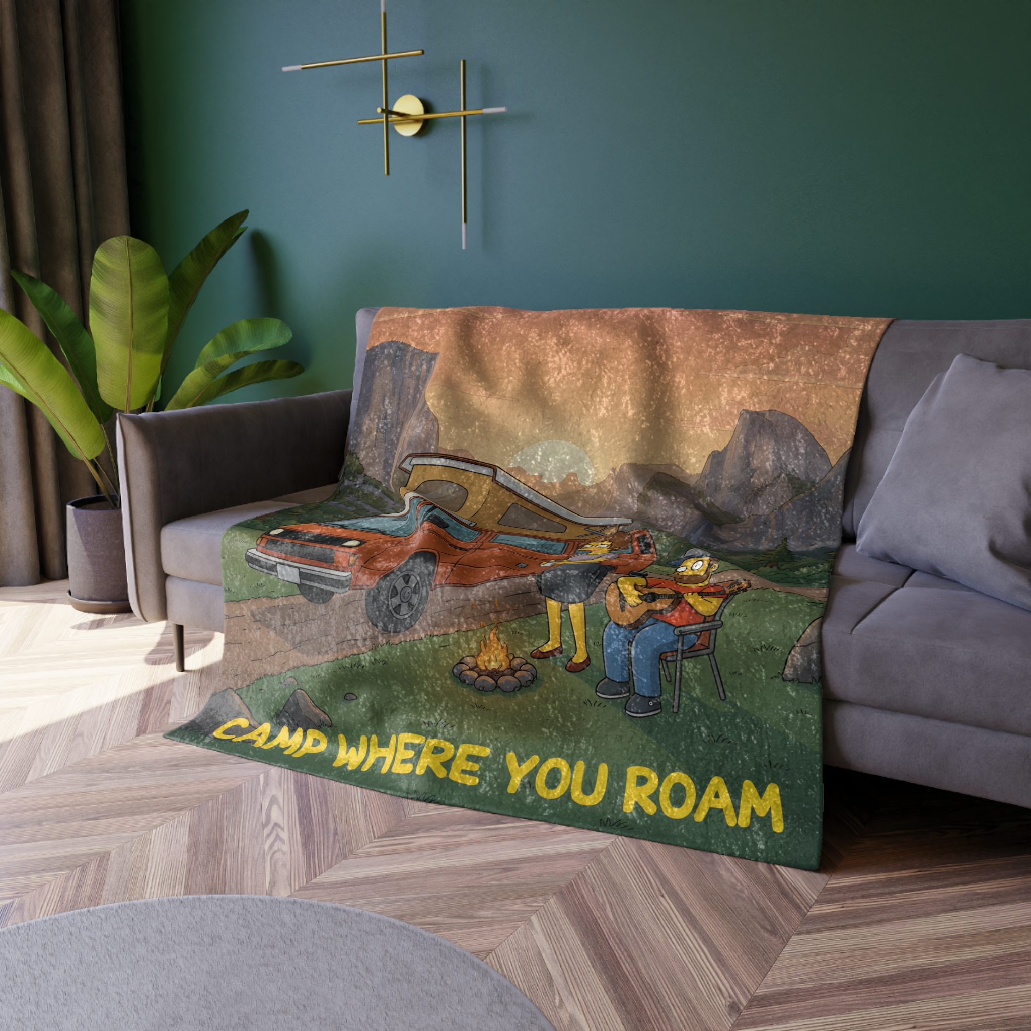 Crushed Velvet Blanket —"Camp Where You Roam" Design Sitcom-Line (Campervan)