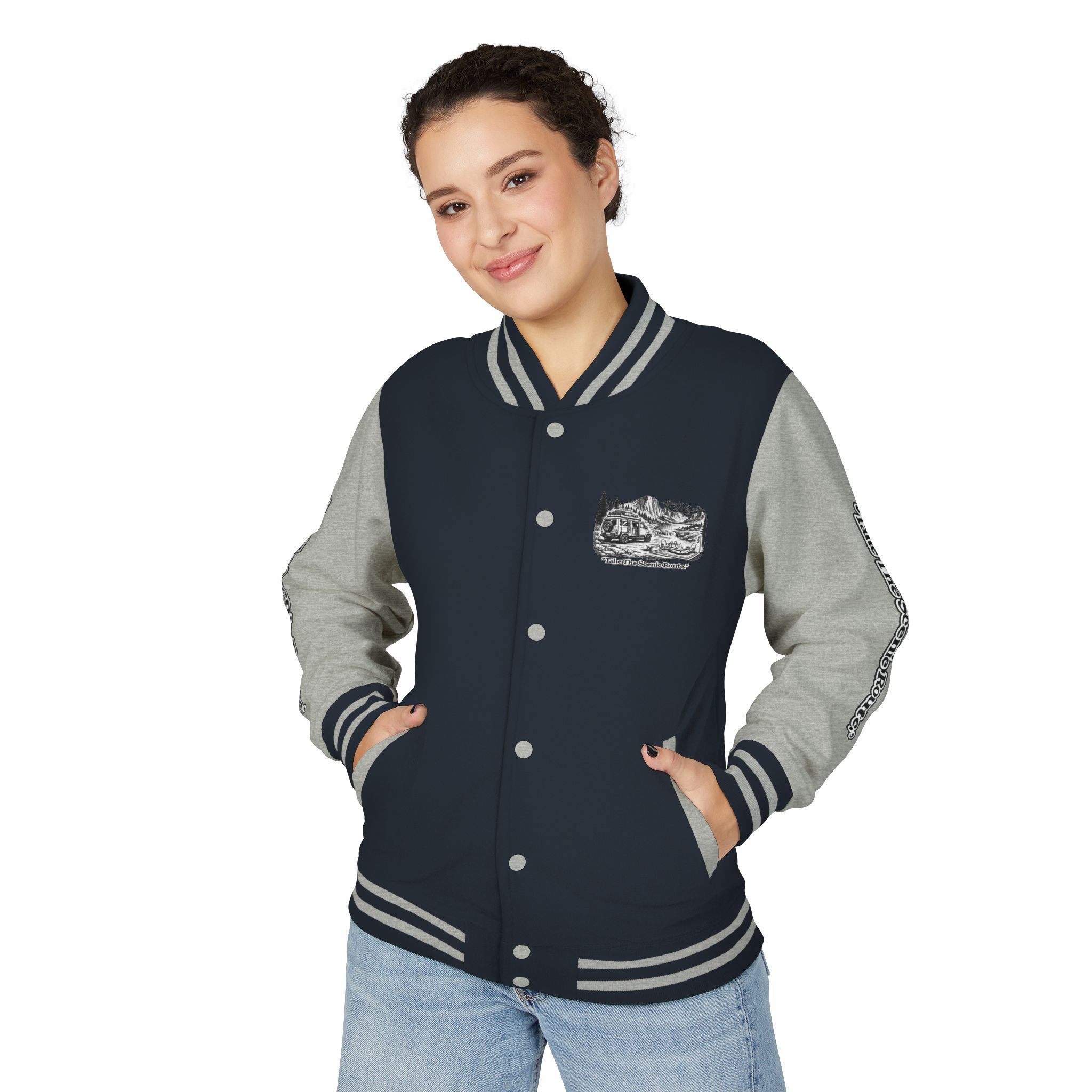 Unisex Heavyweight Letterman Jacket — "Take The Scenic Route" Travel Varsity Coat