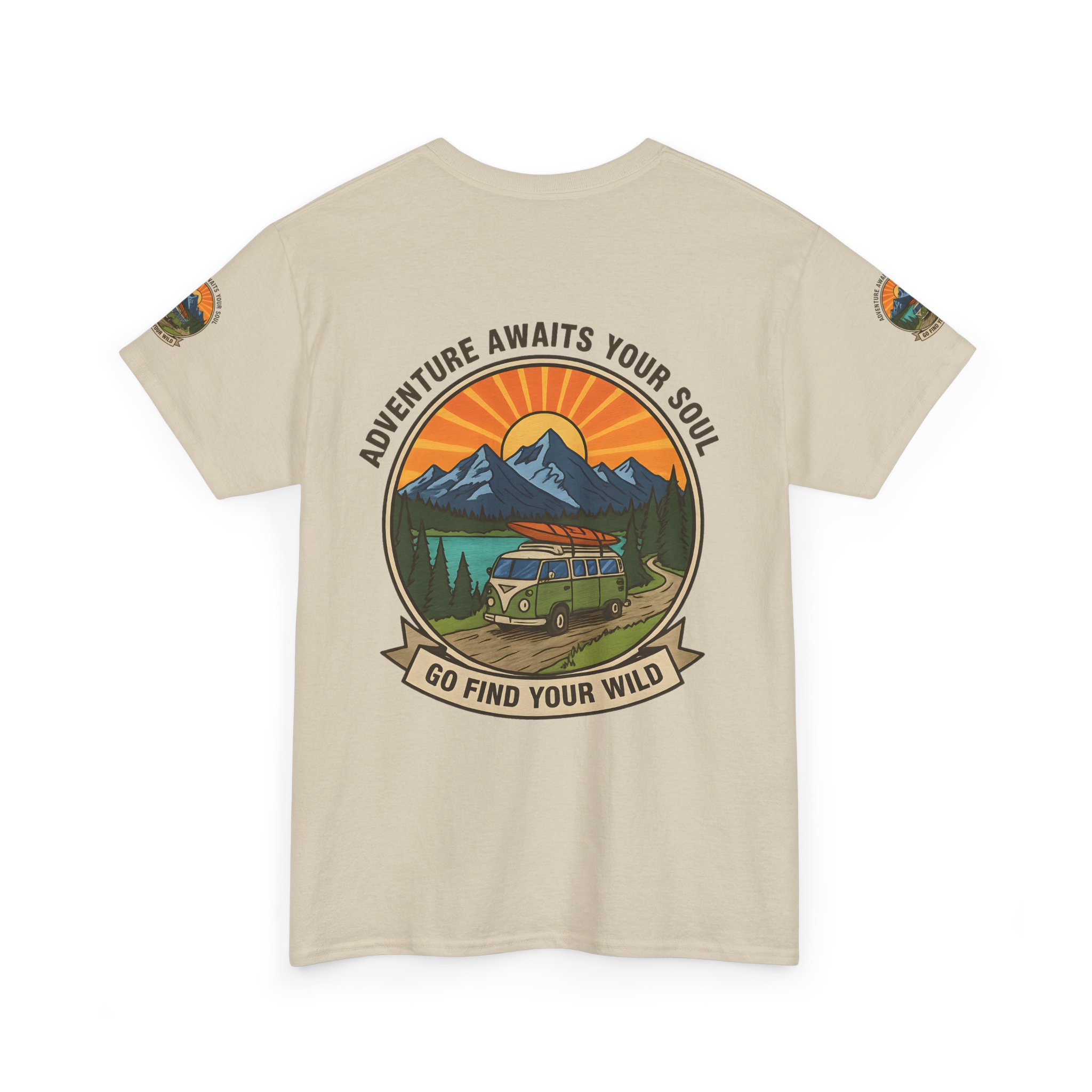 Unisex Heavy Cotton Tee — “Adventure Awaits Your Soul: Go Find Your Wild” Van & Mountain Graphic