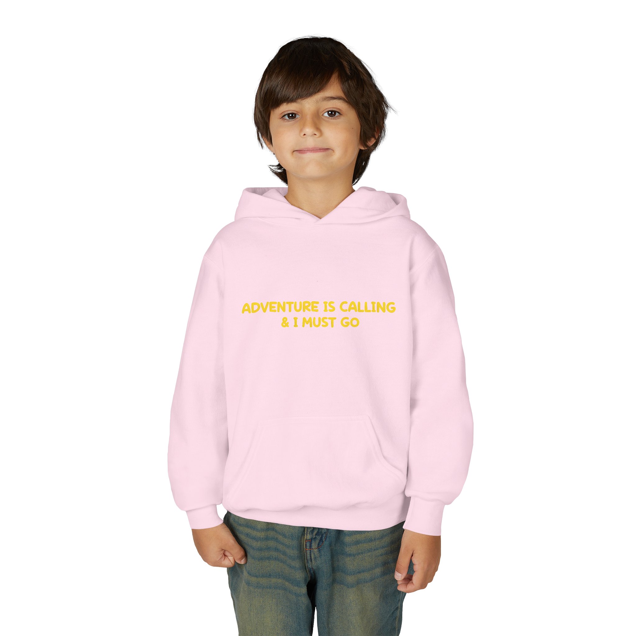 Youth Hoodie(Gildan) – "Adventure Is Calling-I Must Go" (Design Sitcom-Line)