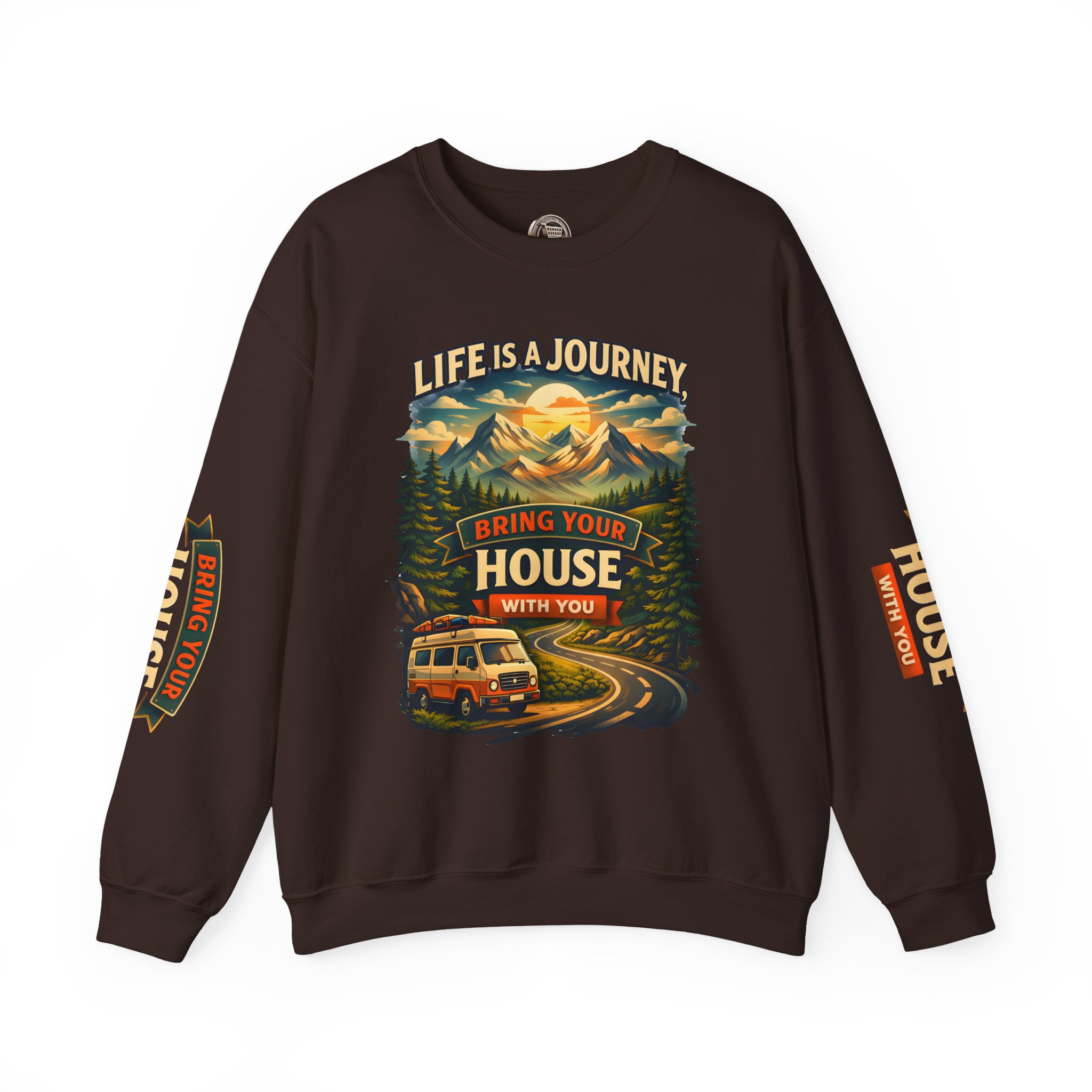 Unisex Heavy Blend™ Crewneck Sweatshirt — "Live Is A Journey-Bring Your House With You" Design Scenic-Line