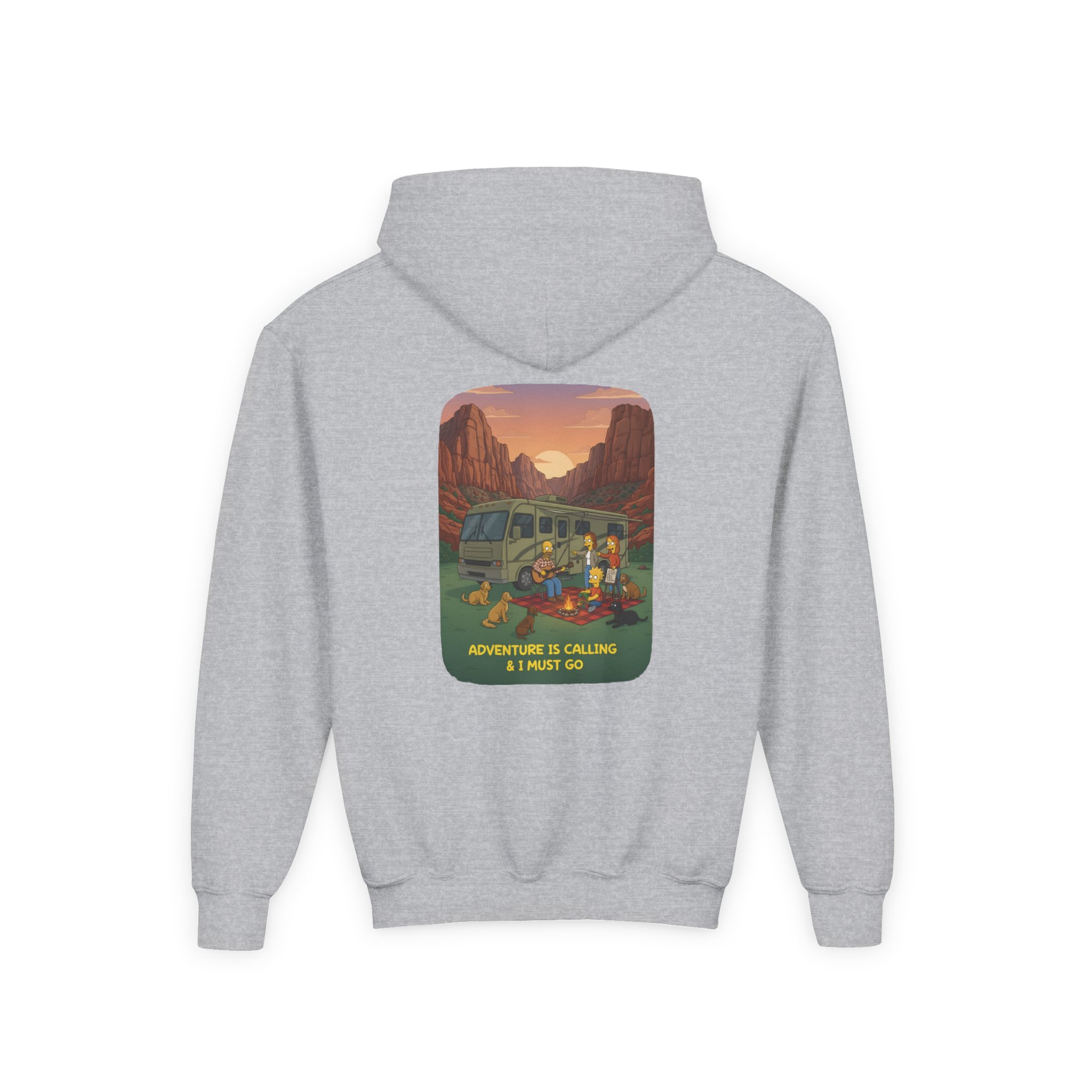 Youth Hoodie(Gildan) – "Adventure Is Calling-I Must Go" (Design Sitcom-Line)