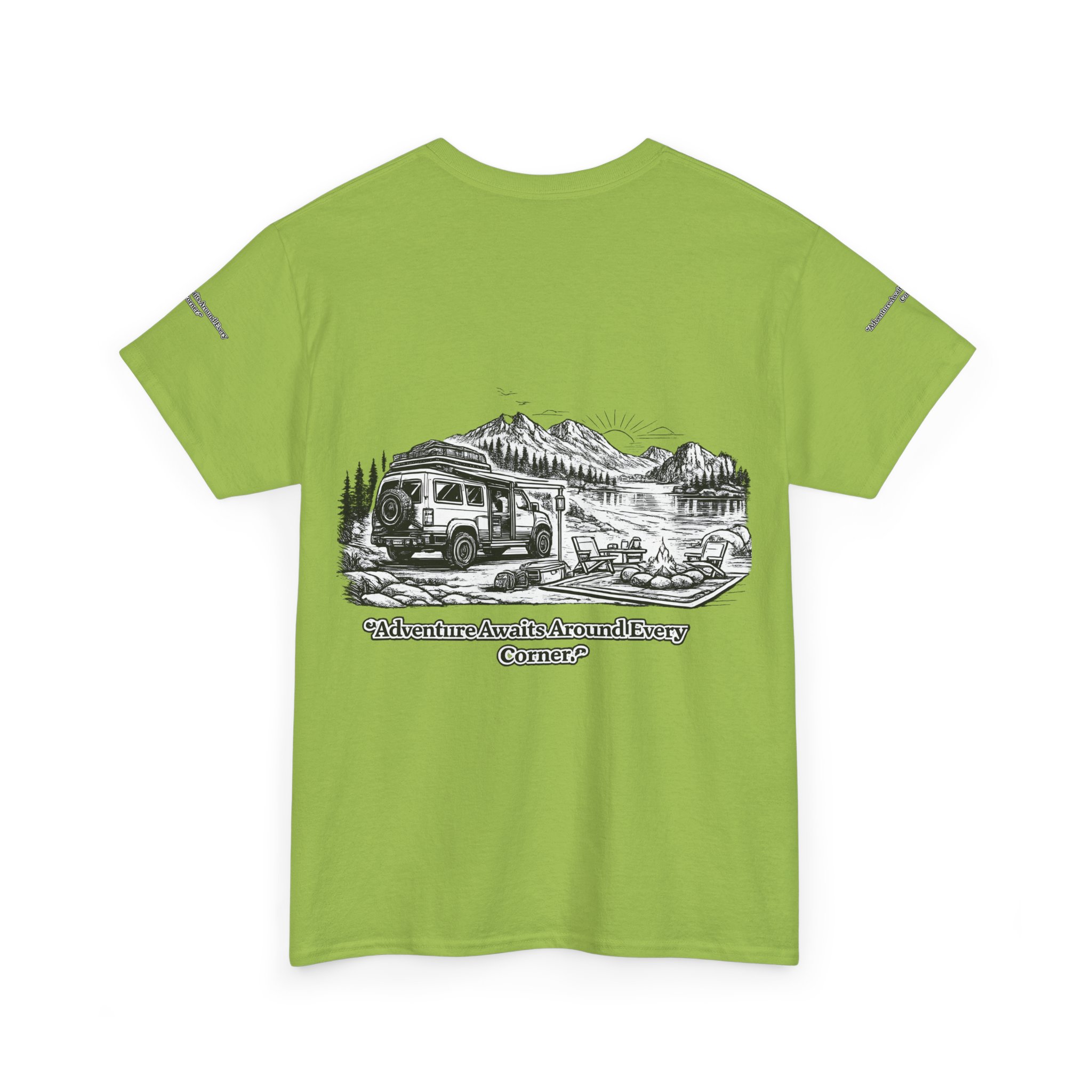 Unisex Heavy Cotton Tee — "Adventure Awaits Around Every Corner" Design Minimal-Line