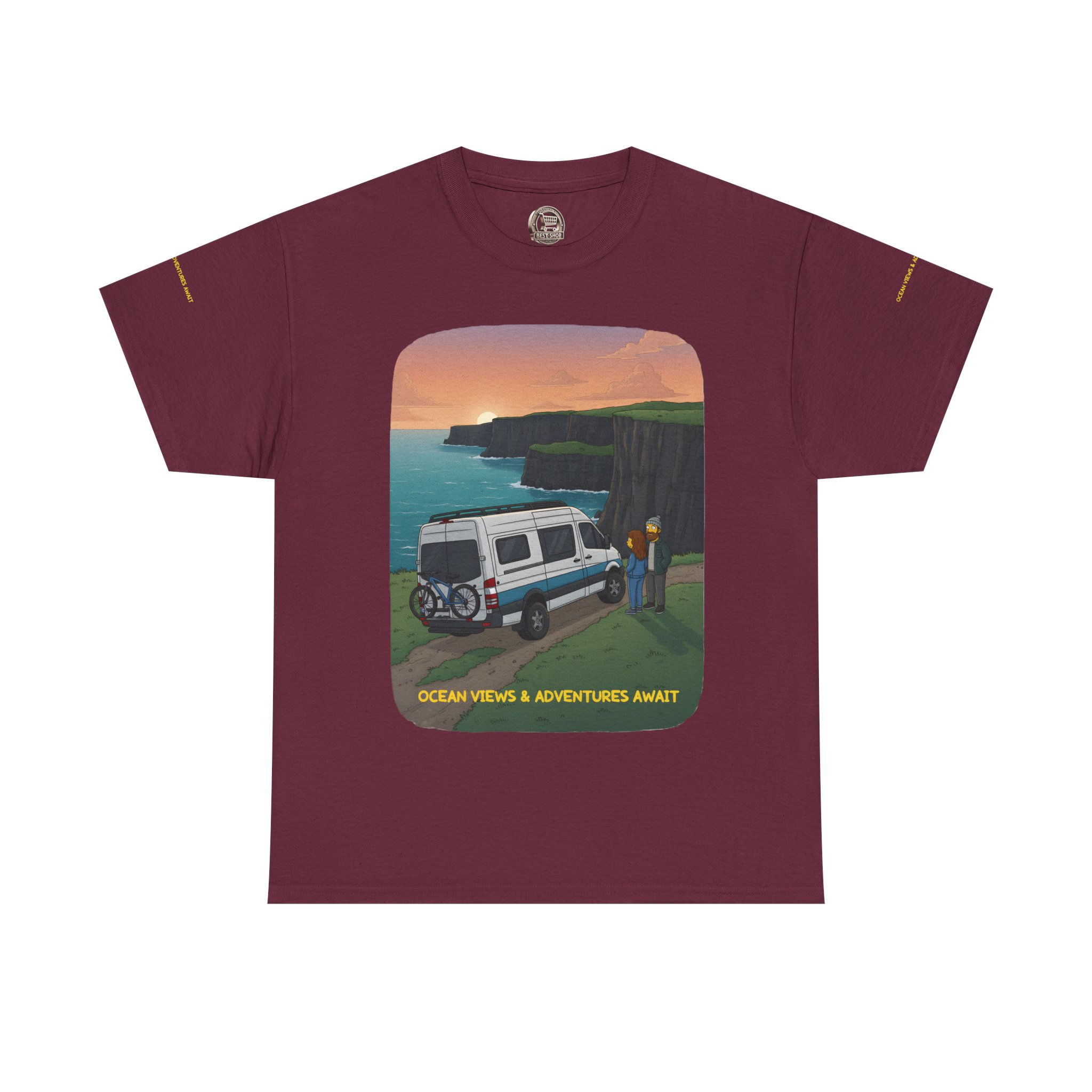 Unisex Heavy Cotton Tee — "Ocean Views-Adventures Awaits" Design Sitcom-Line