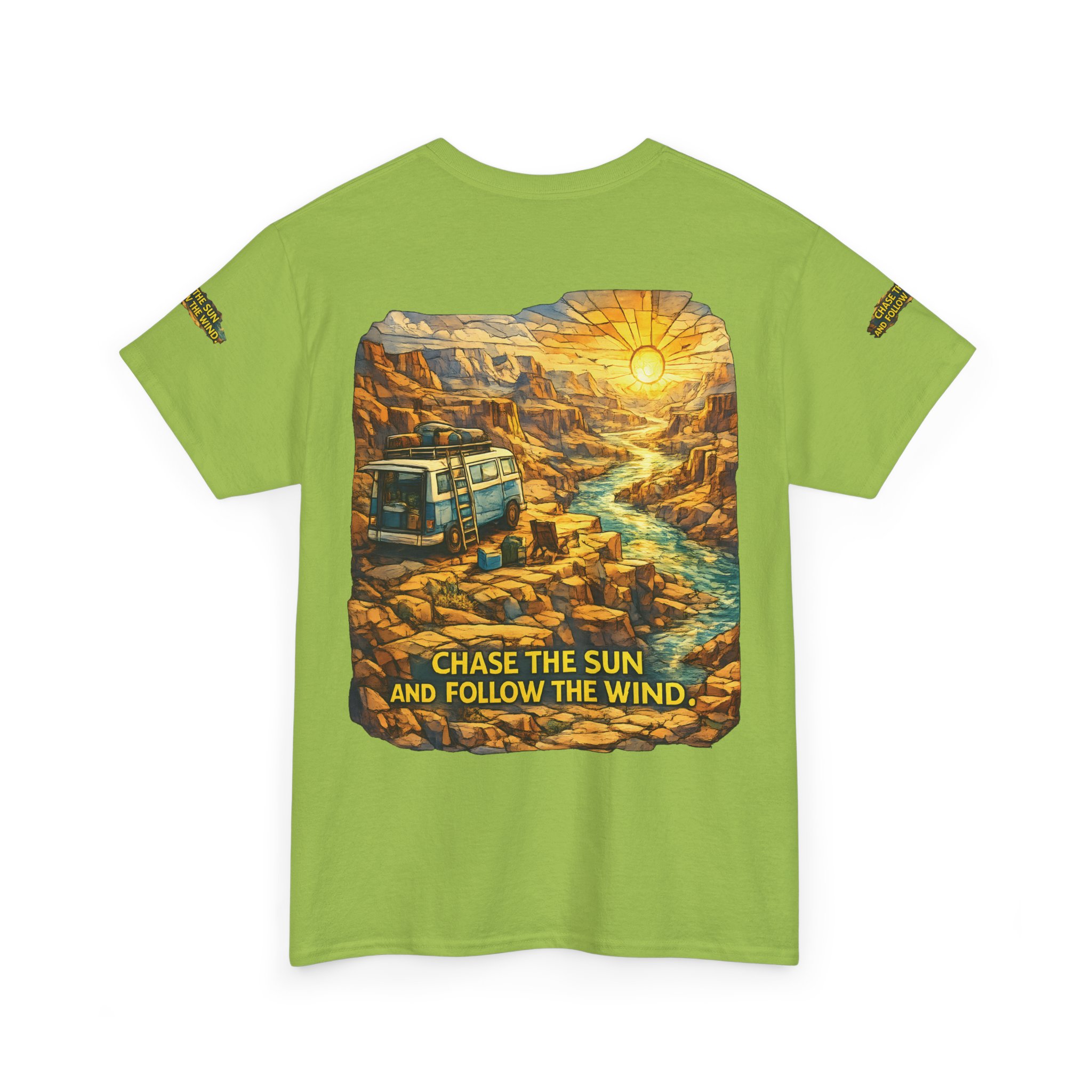 9460646574454500634_2048.jpeg Unisex Heavy Cotton Tee — "Chase The Sun And Follow The Wind" Design Cubic-Line