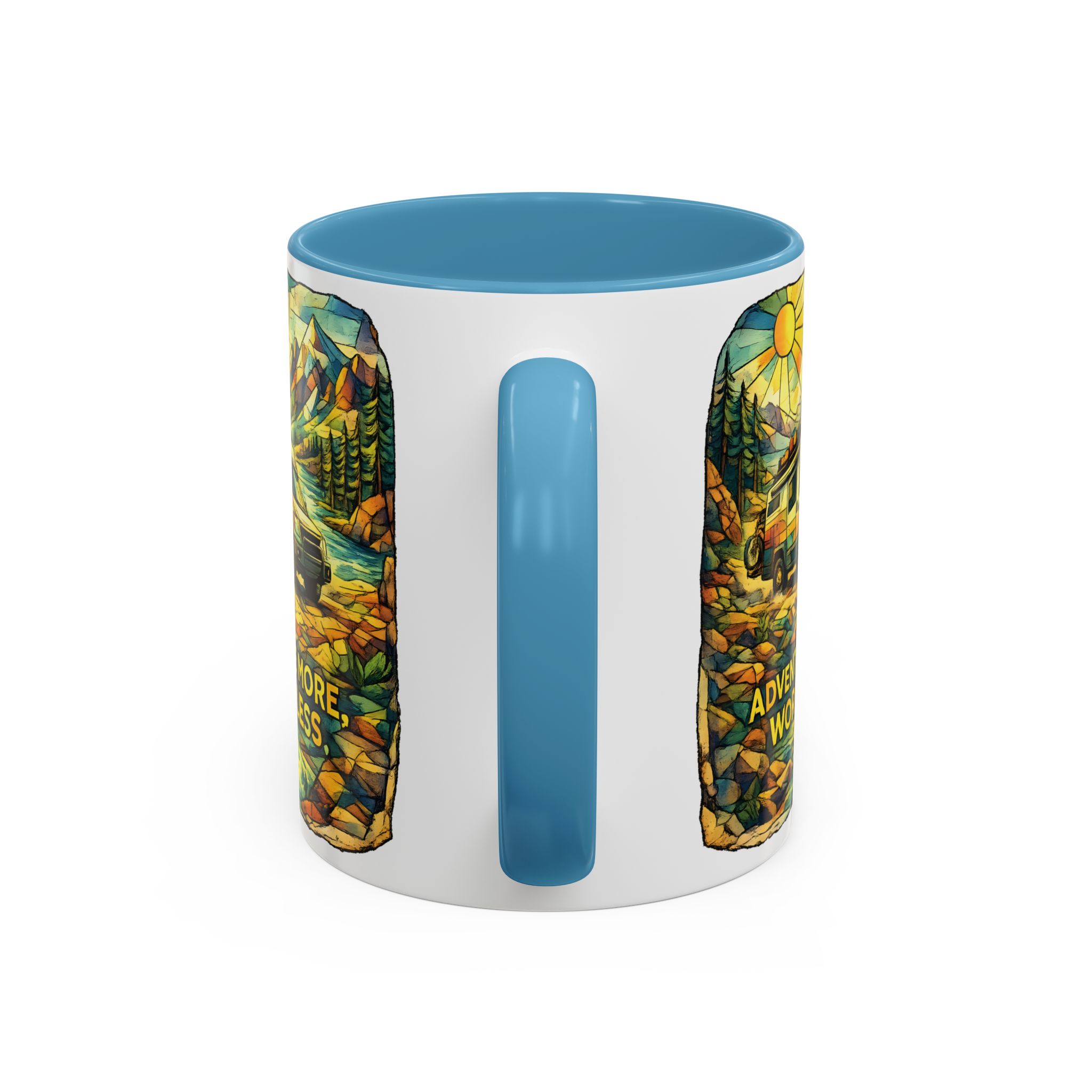Accent Coffee Mug (11, 15oz) — "Adventure More Worry Less" Design Cubic-Line