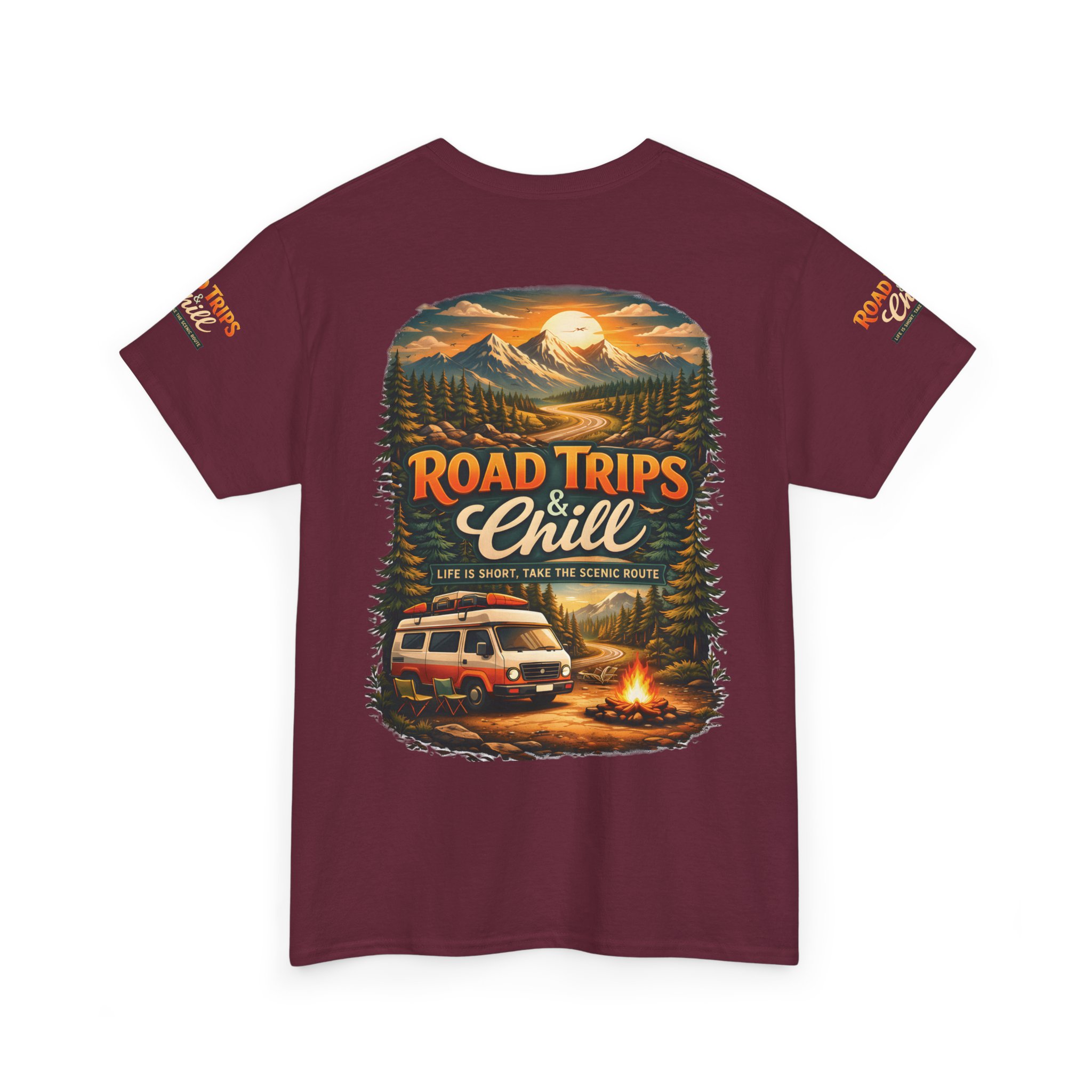 Unisex Heavy Cotton Tee — "Road Trips & Chill" Design Scenic-Line