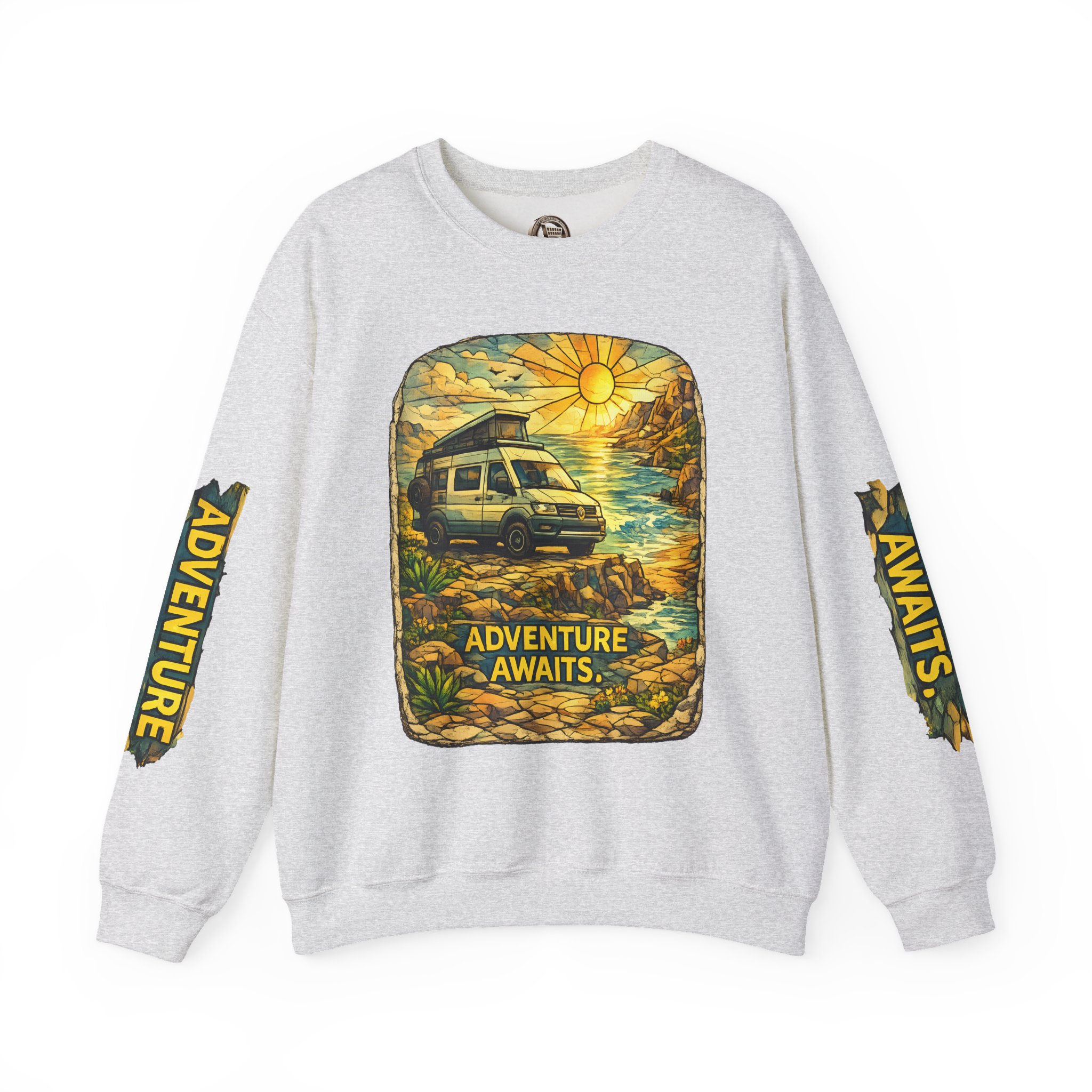 Unisex Heavy Blend™ Crewneck Sweatshirt — "Adventure Awaits" Design Cubic-Line