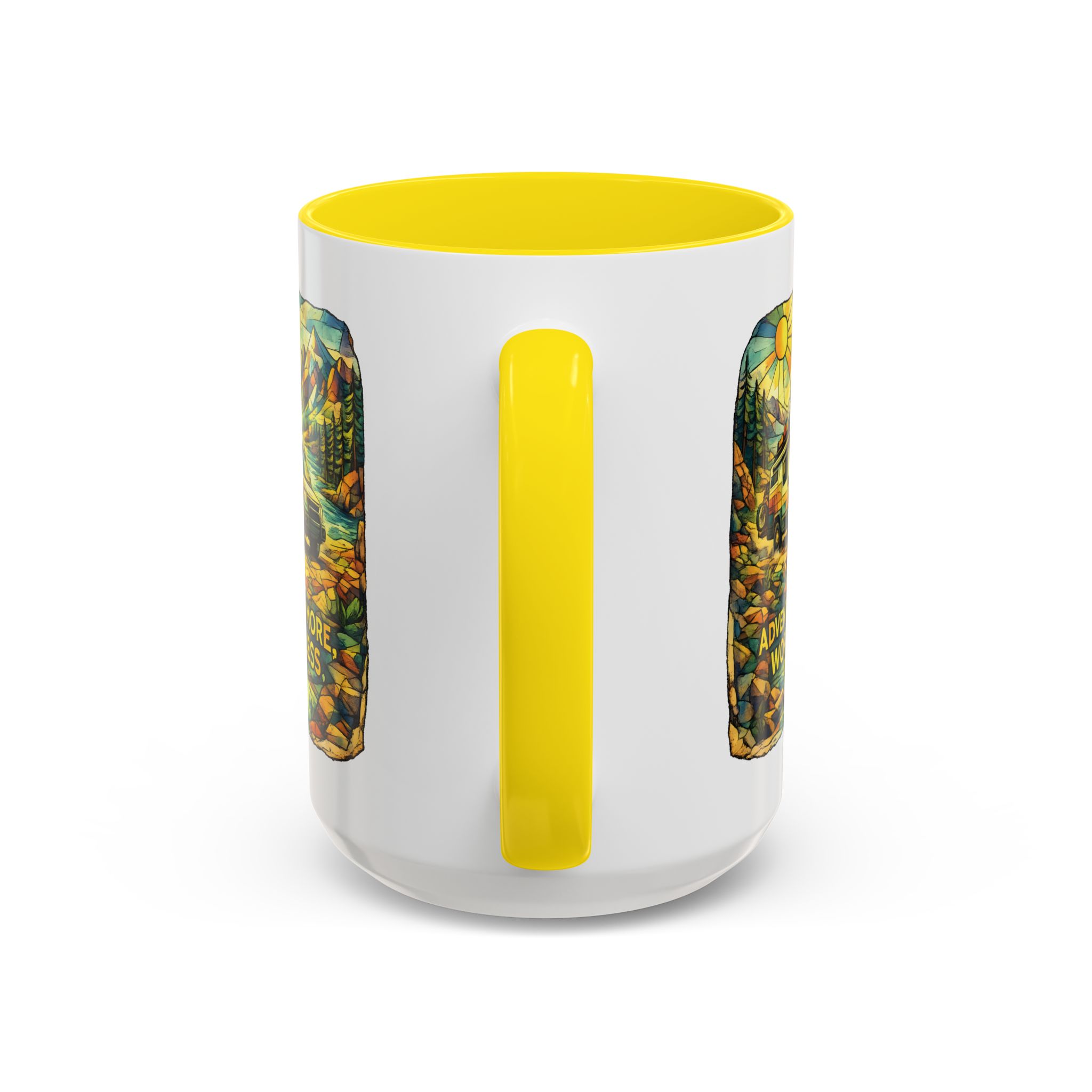 Accent Coffee Mug (11, 15oz) — "Adventure More Worry Less" Design Cubic-Line