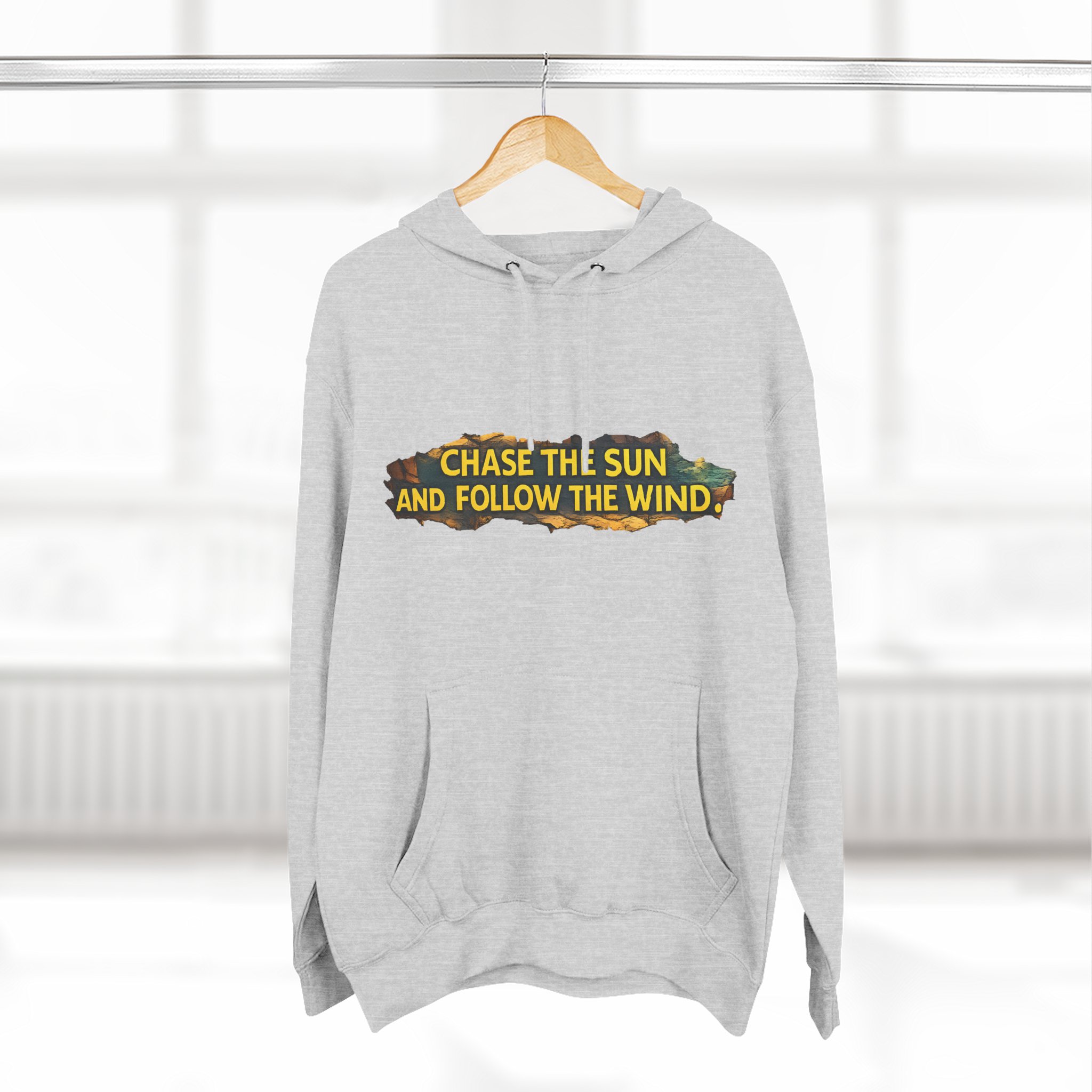 Three-Panel Fleece Hoodie - "Chase The Sun And Follow The Wind" Design Cubic-Line