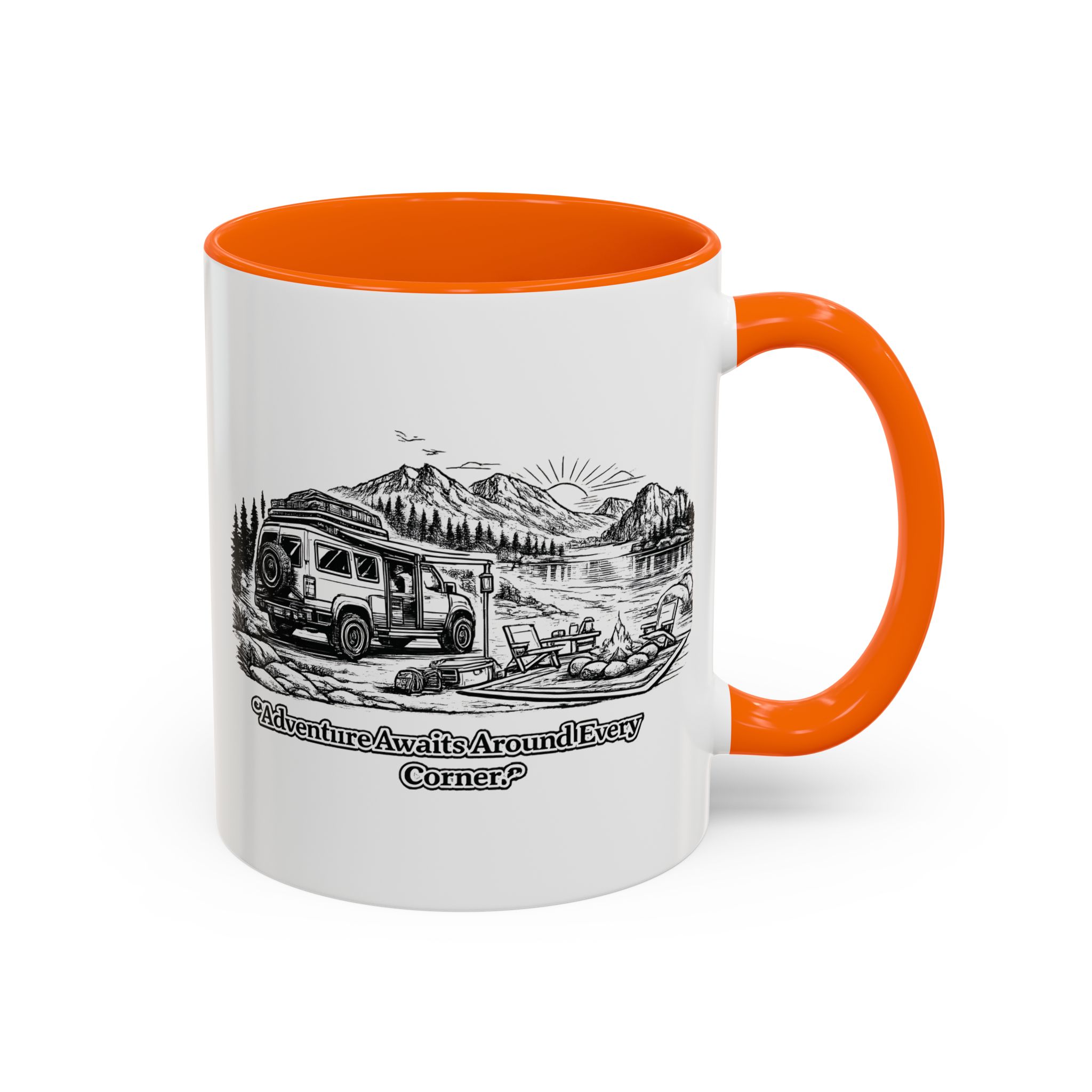 Accent Coffee Mug (11, 15oz) — "Adventure Awaits Around Every Corner" Design Minimal-Line