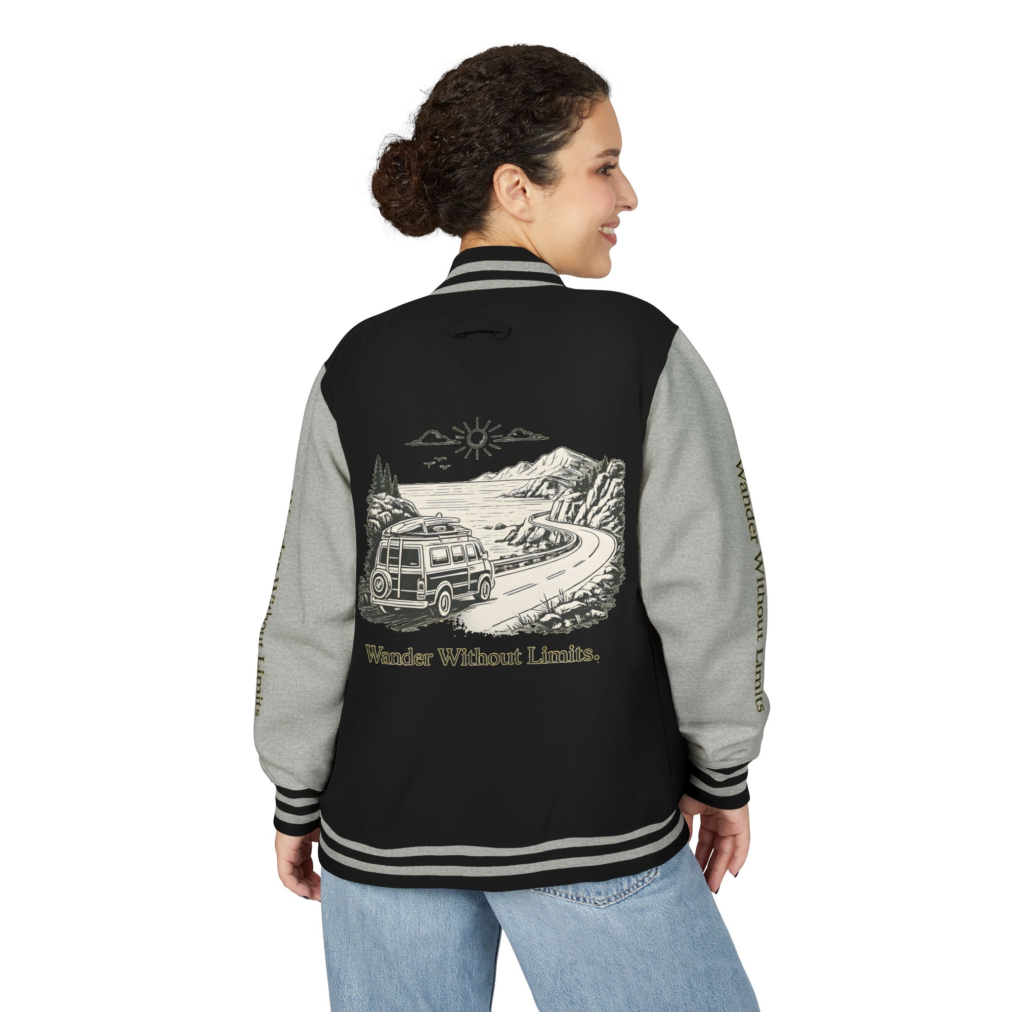 Unisex Heavyweight Letterman Jacket — "Wander Without Limits" Travel Varsity Coat