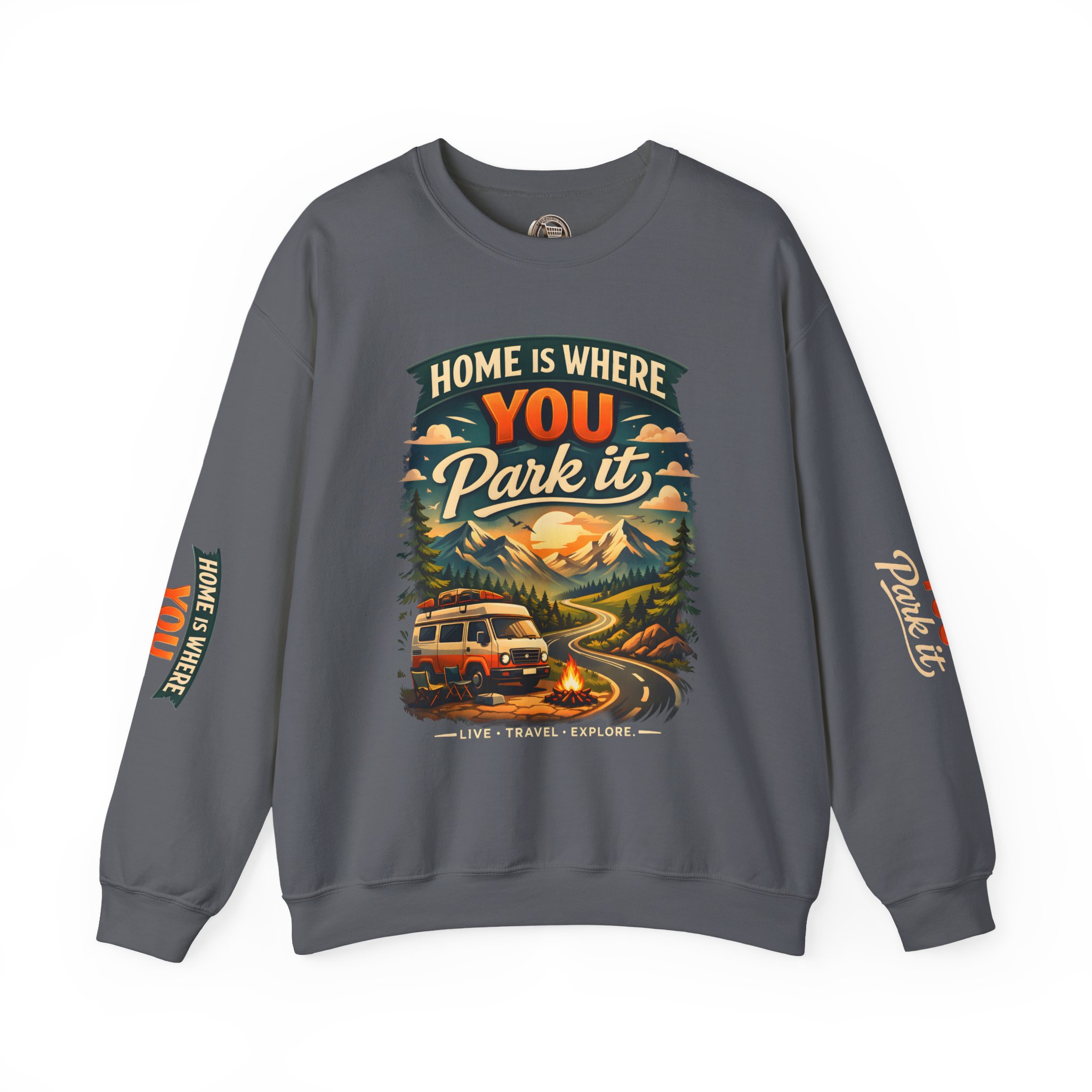 Unisex Heavy Blend™ Crewneck Sweatshirt — "Home Is Where You Park It" Design Scenic-Line