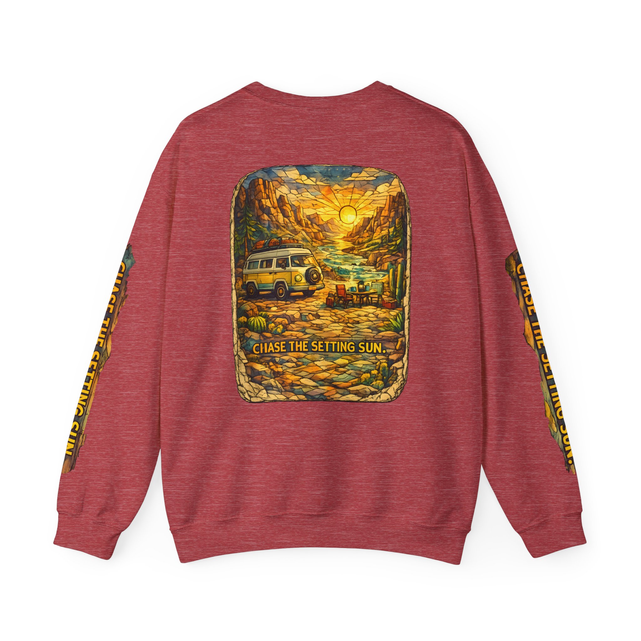 Unisex Heavy Blend™ Crewneck Sweatshirt — "Chase The Settings Sun" Design Cubic-Line