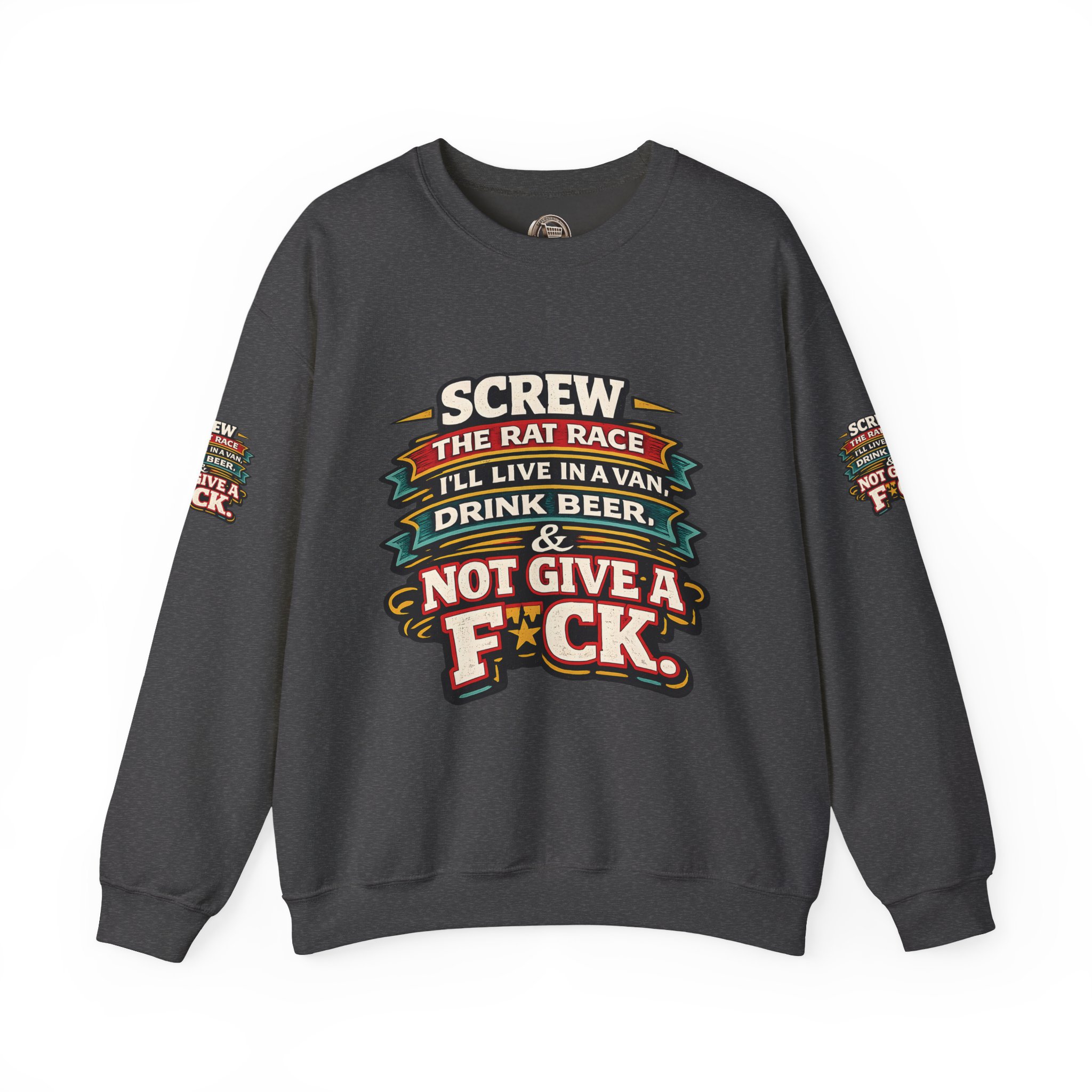 Unisex Heavy Blend™ Crewneck Sweatshirt — "Screw The Rat Race" Design F**K-Line