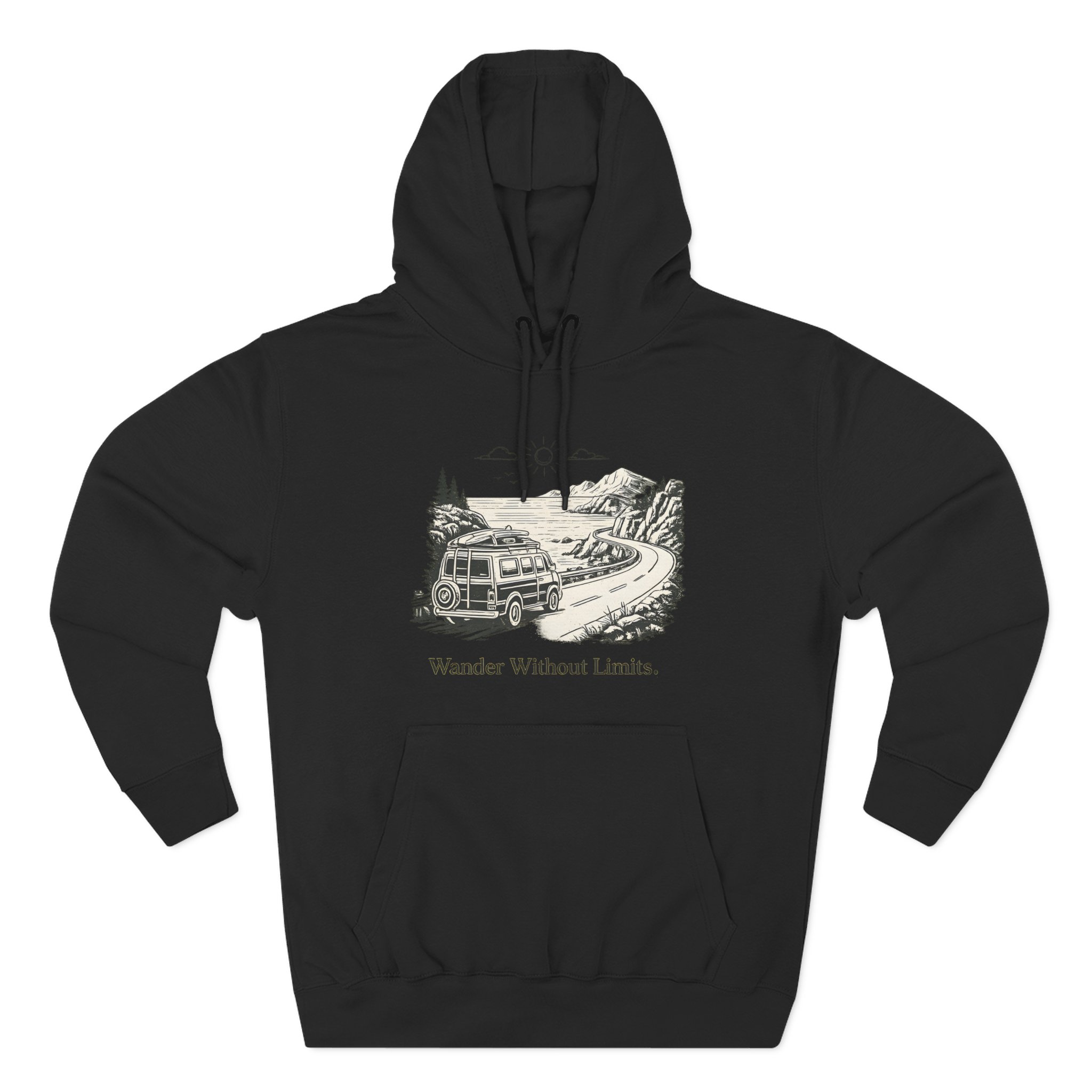 Three-Panel Fleece Hoodie - "Wander Without Limits" Design Minimal-Line