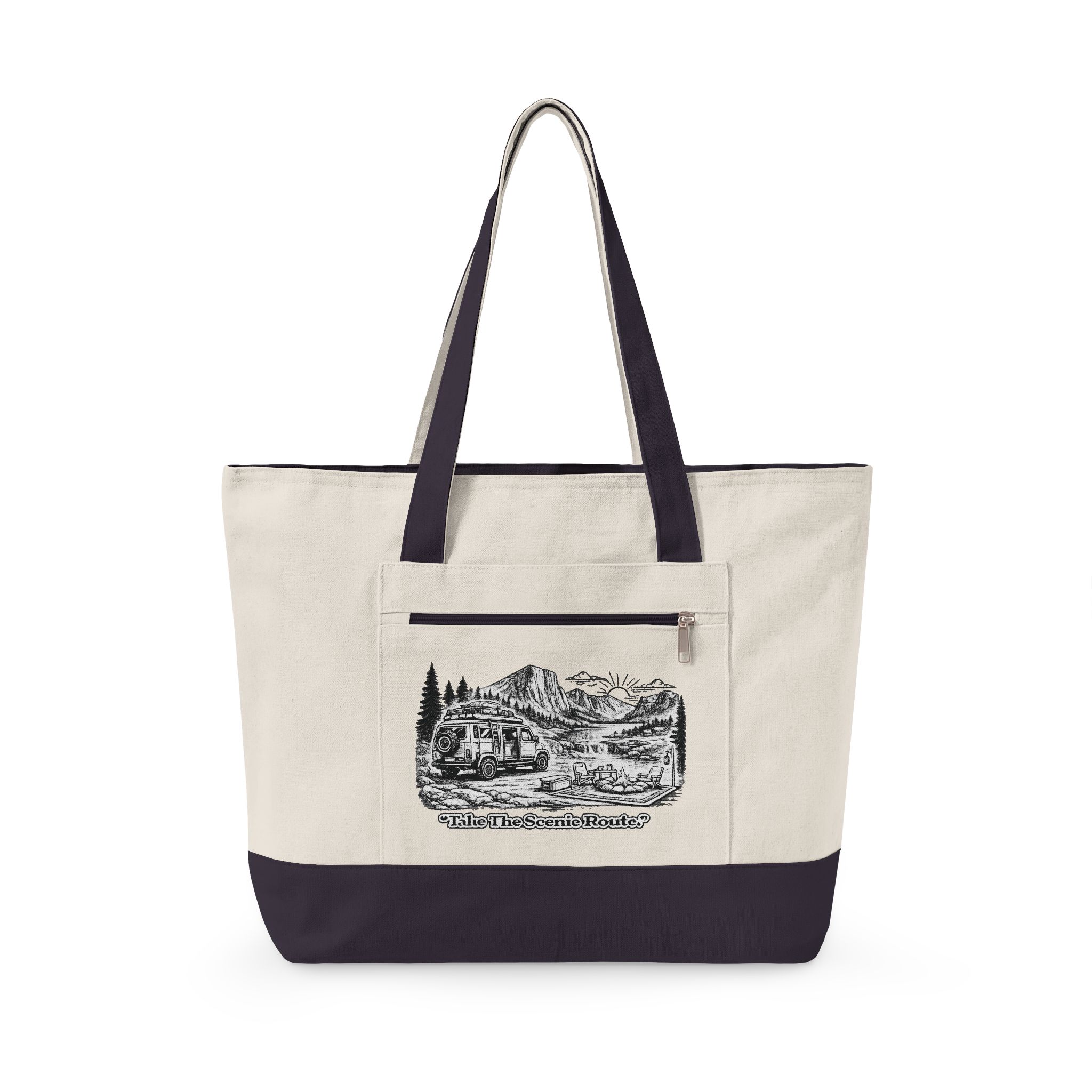 Zippered Canvas Tote — "Take The Scenic Road" (Design Minimal-Line)