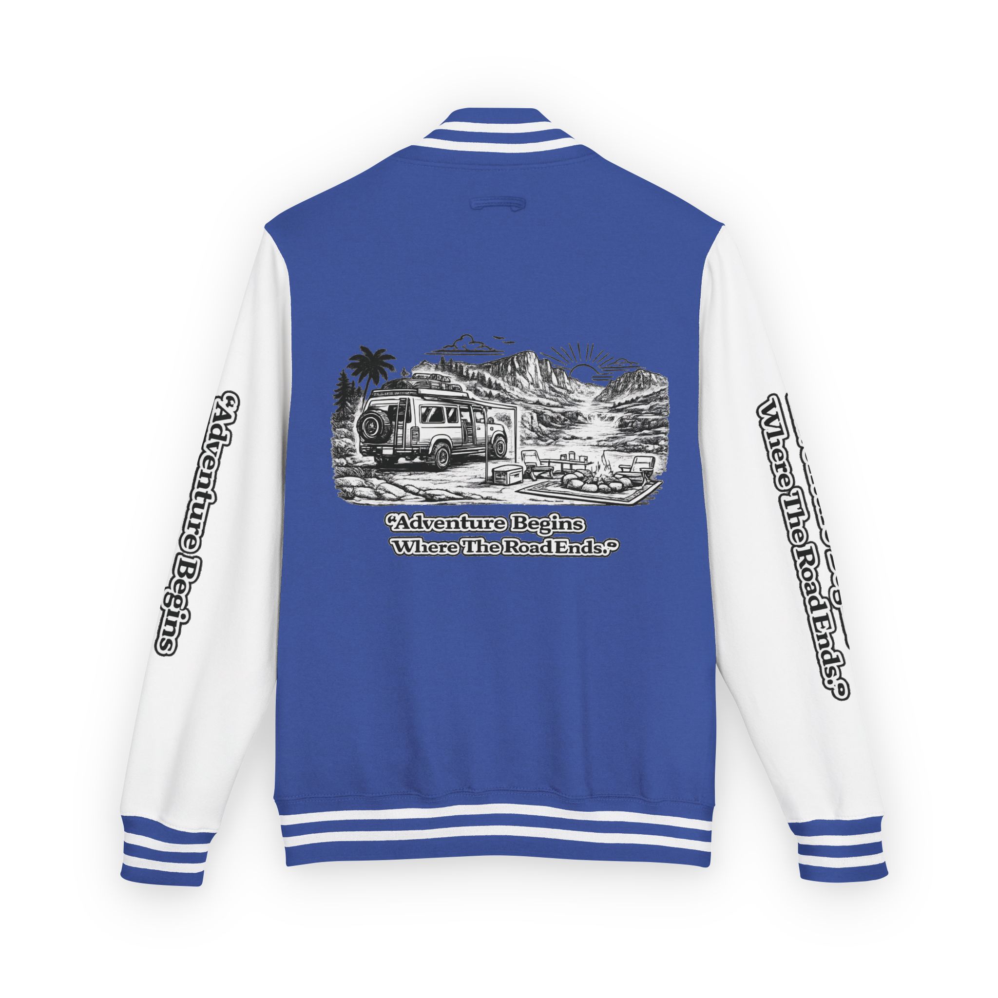 9547084905051650242_2048-1.jpeg Unisex Heavyweight Letterman Jacket — "Adventure Begins Where The Road Ends" Travel Varsity Coat