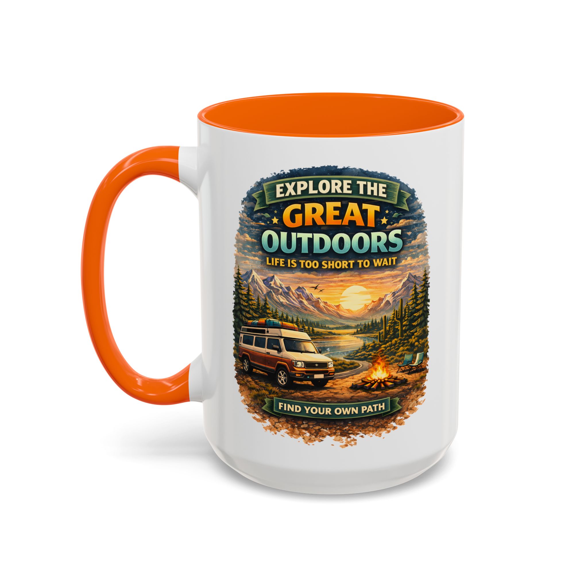 Accent Coffee Mug (11, 15oz) — "Explore The Great Outdoors" Design Scenic-Line