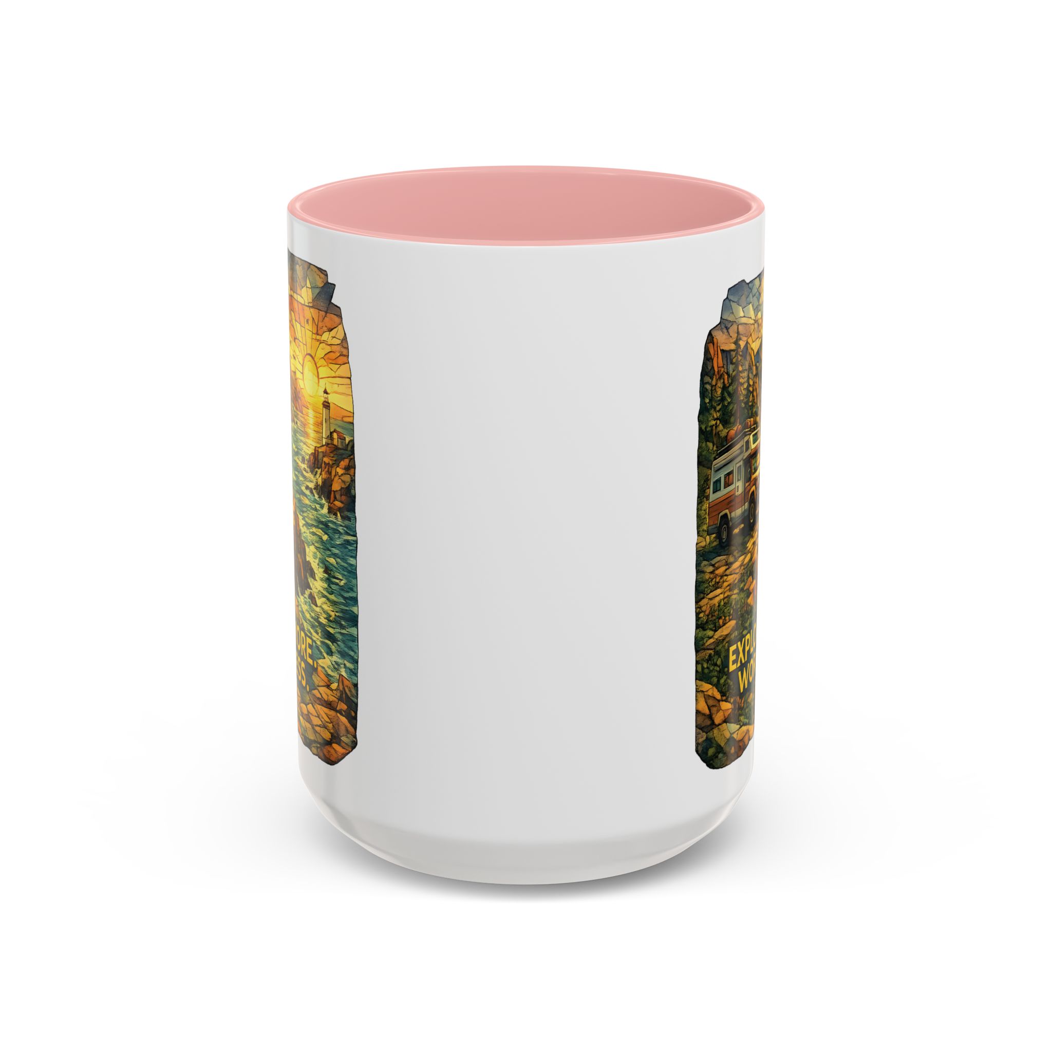 Accent Coffee Mug (11, 15oz) — "Explore More Worry Less" Design Cubic-Line