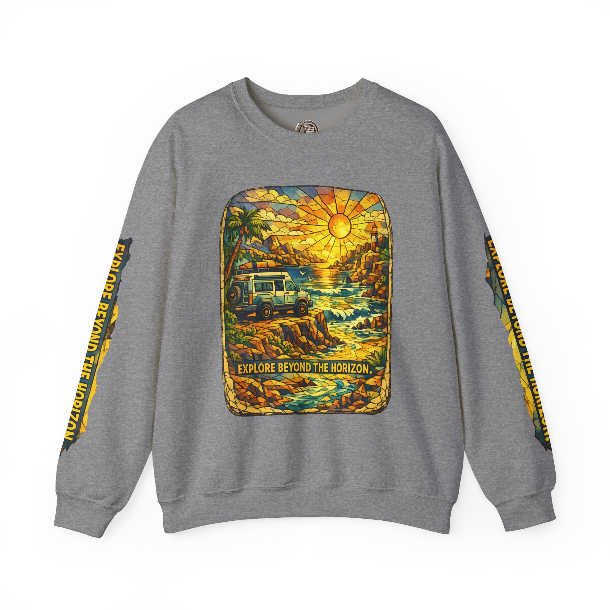 Unisex Heavy Blend™ Crewneck Sweatshirt — "Explore Beyond The Horizon" Design Cubic-Line