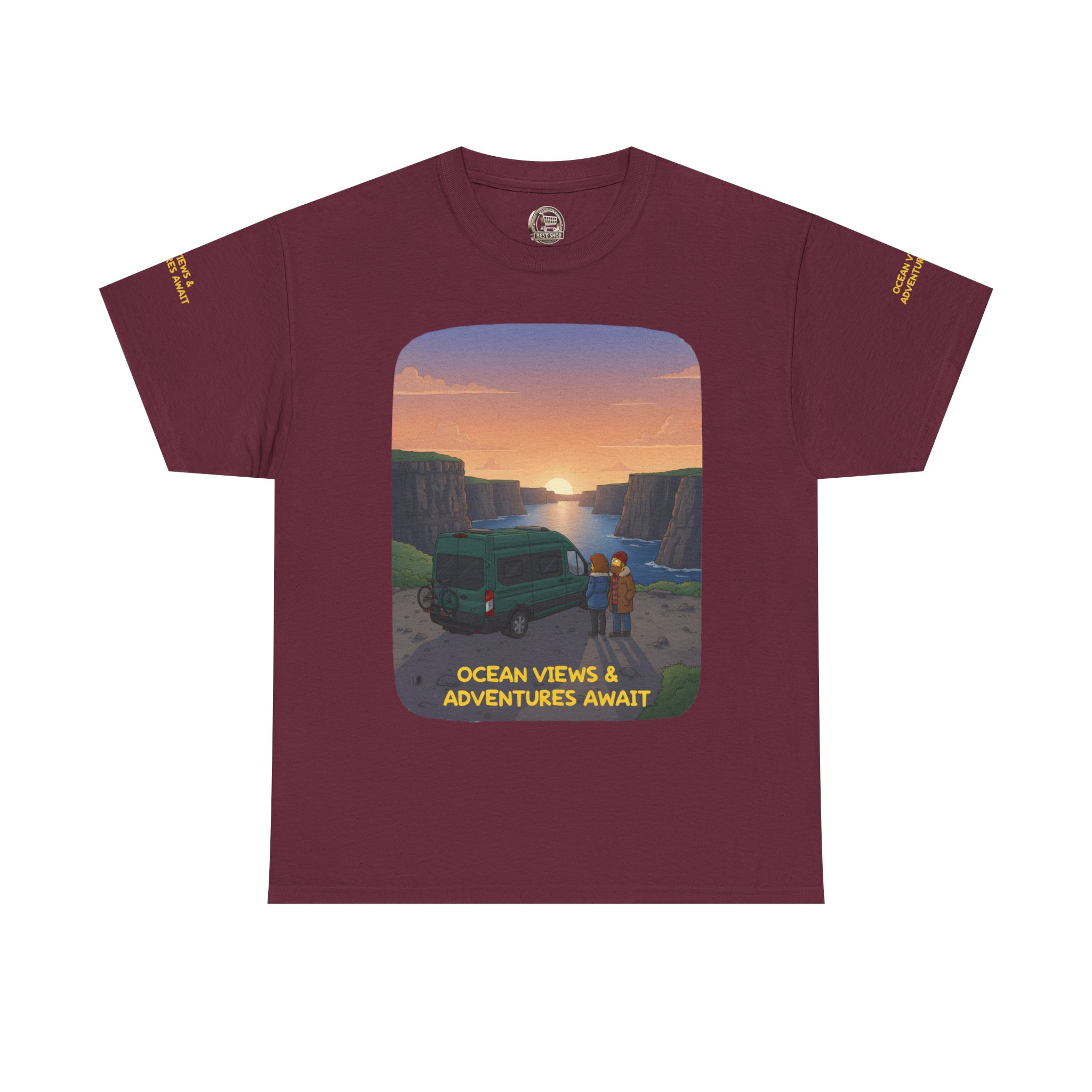 Unisex Heavy Cotton Tee — "Ocean Views-Adventures Awaits" Design Sitcom-Line