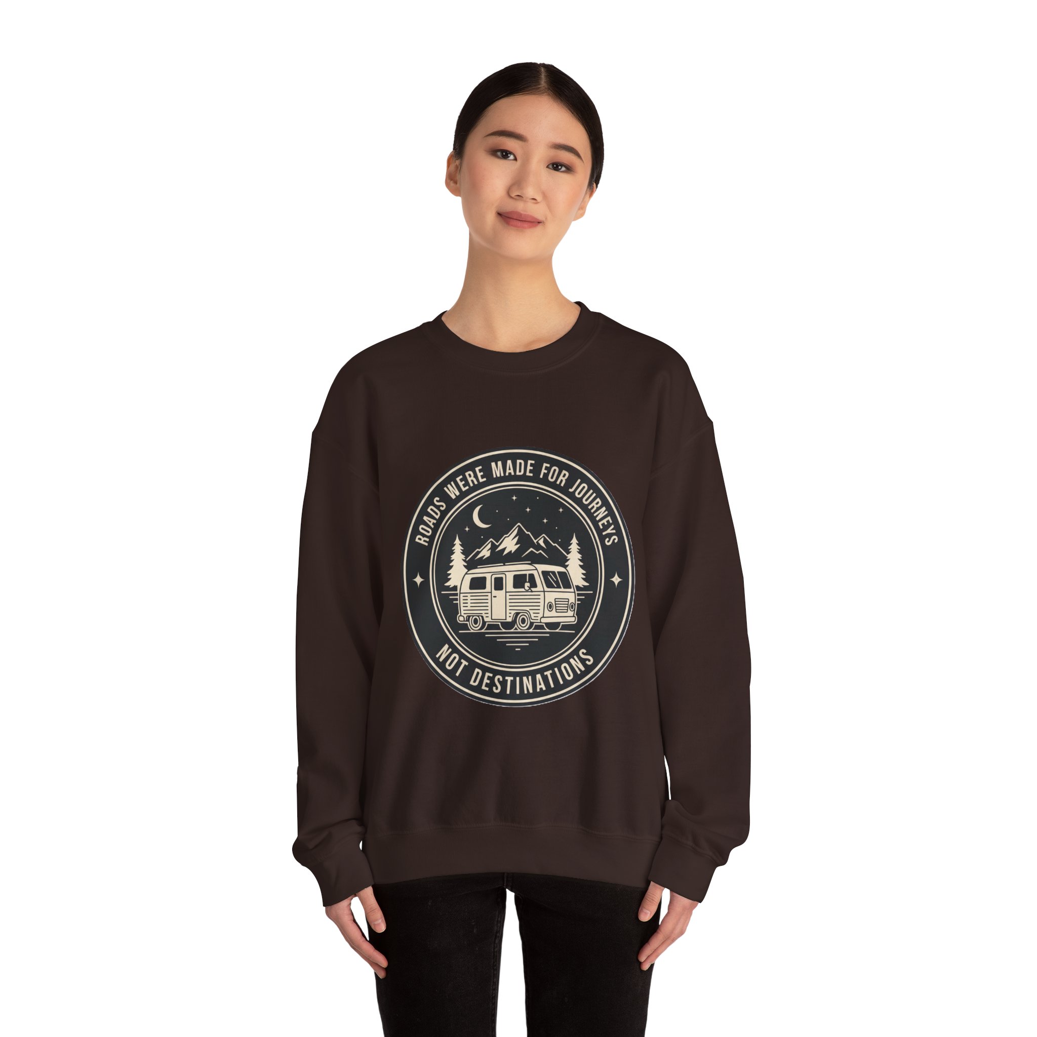 9589064270694103527_2048.jpeg Crewneck Sweatshirt — "ROAD WHERE MADE FOR JOURNEYS-NOT DESTINATIONS" (Ony Font printed) Vintage Camper Van Outdoor Graphic