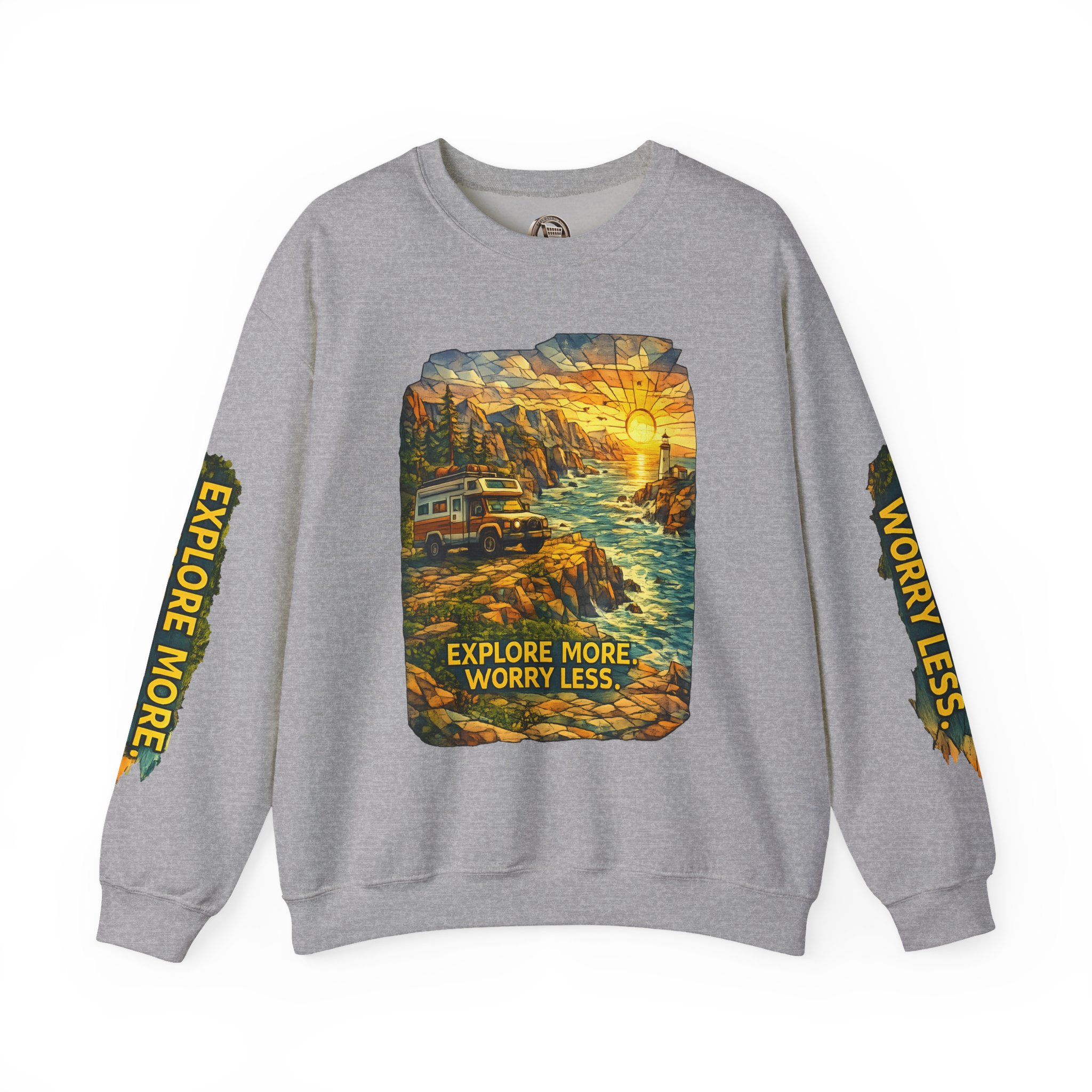 Unisex Heavy Blend™ Crewneck Sweatshirt — "Explore More Worry Less" Design Cubic-Line