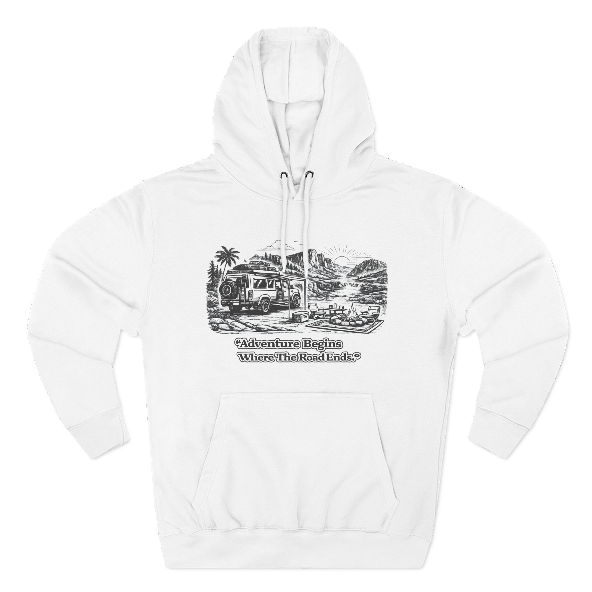 Three-Panel Fleece Hoodie - "Adventure Begins Where The Road Ends" Design Minimal-Line
