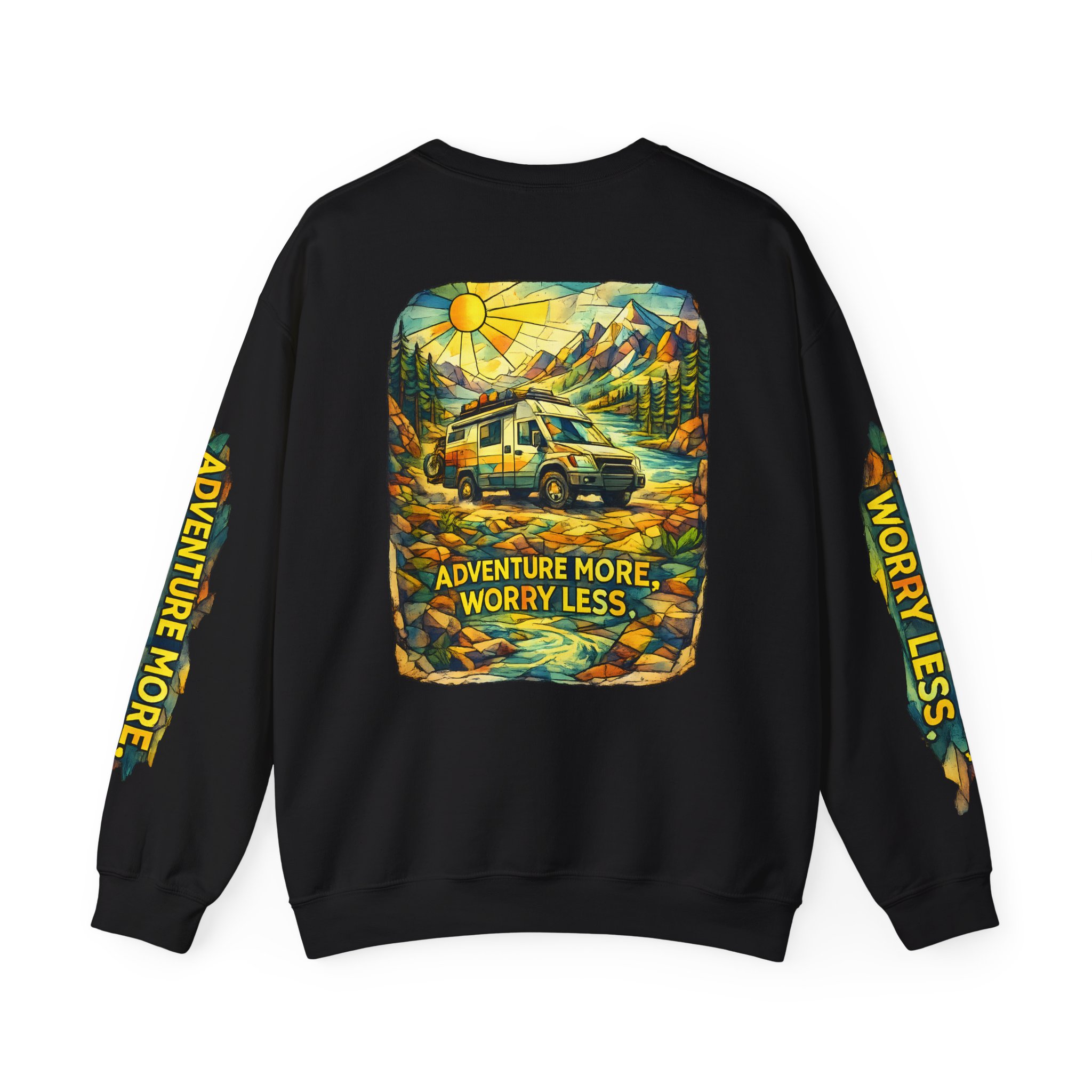 Unisex Heavy Blend™ Crewneck Sweatshirt — "Adventure More Worry Less" Design Cubic-Line