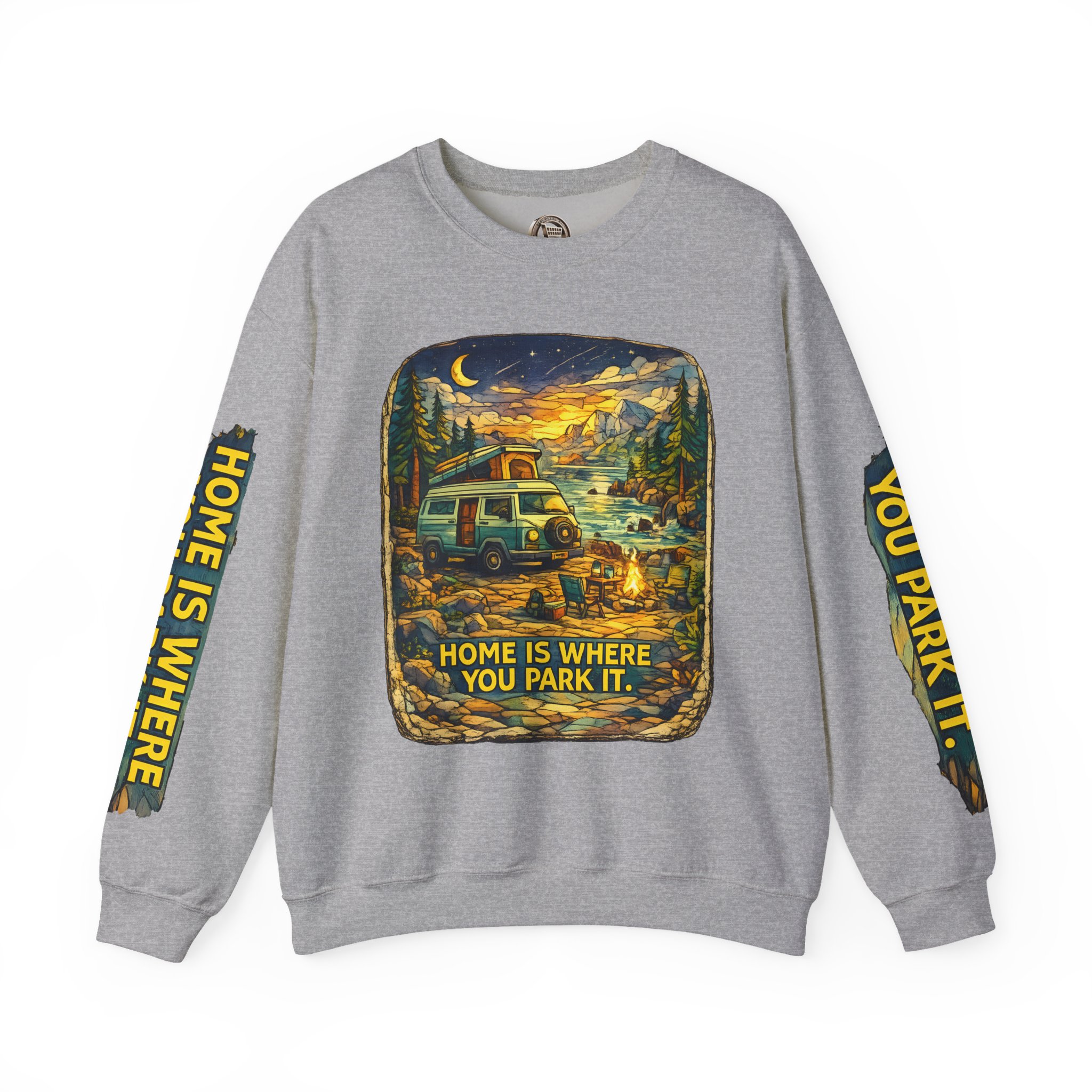 Unisex Heavy Blend™ Crewneck Sweatshirt — "Home Is Where You Park It" Design Cubic-Line