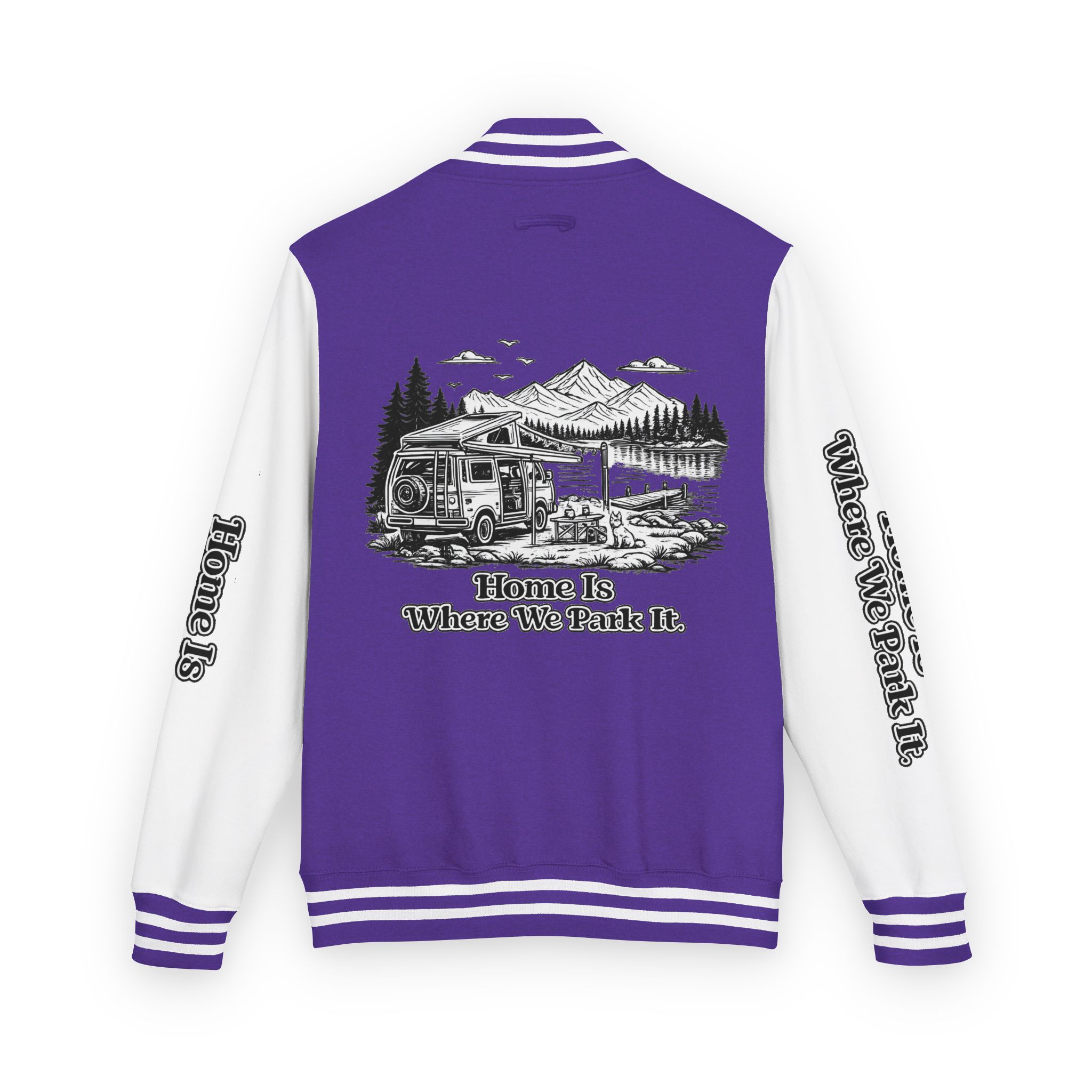 Unisex Heavyweight Letterman Jacket — "Home Is Where You Park It" Travel Varsity Coat
