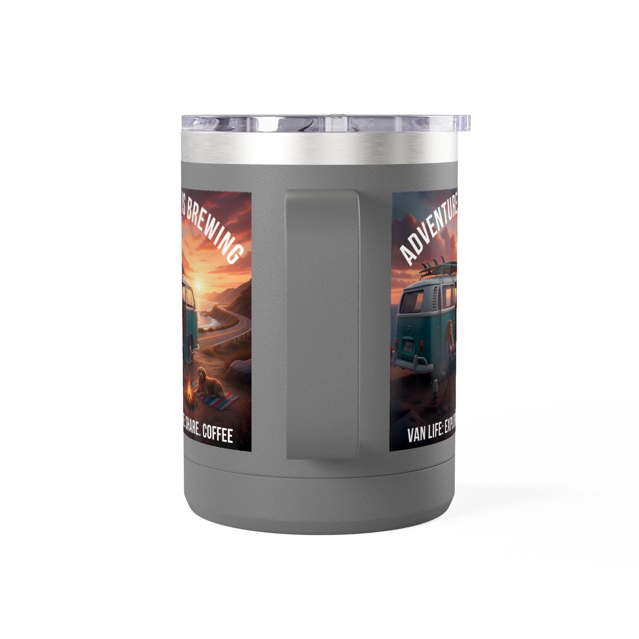 Coffee Mug Tumbler, 15oz-- "Adventure Is Brewing"