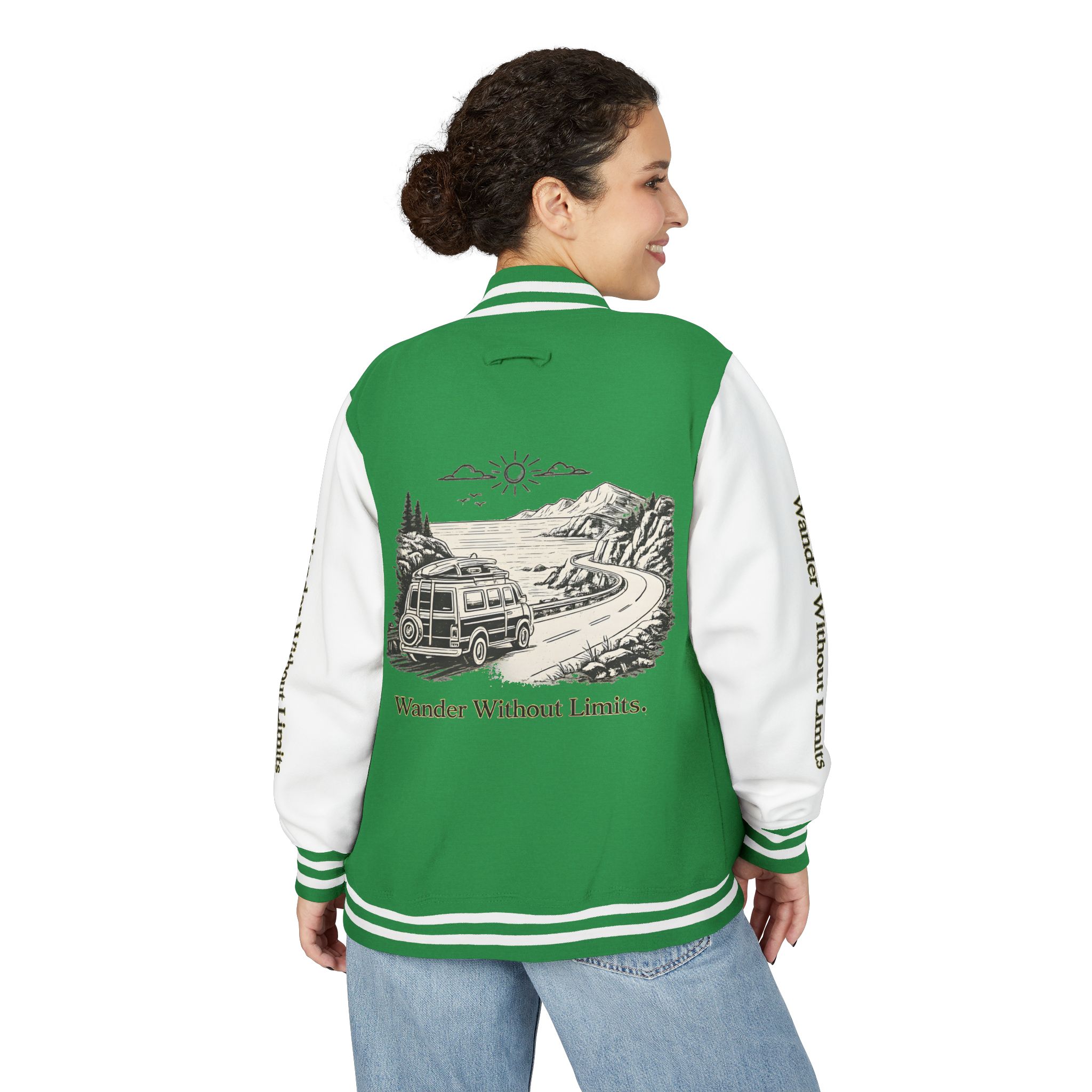 Unisex Heavyweight Letterman Jacket — "Wander Without Limits" Travel Varsity Coat