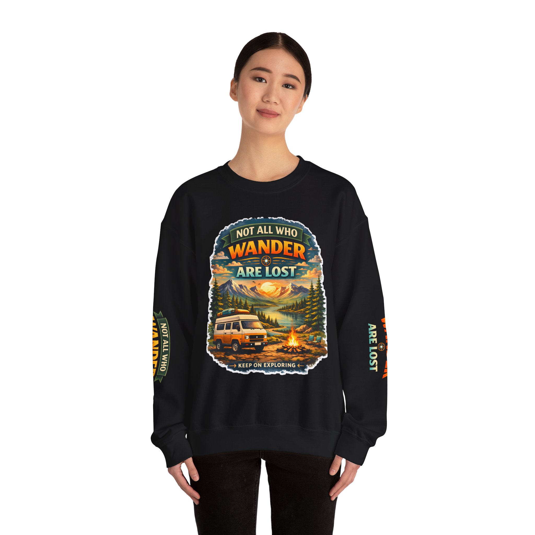 Unisex Heavy Blend™ Crewneck Sweatshirt — "Not All Who Wander Are Lost" Design Scenic-Line
