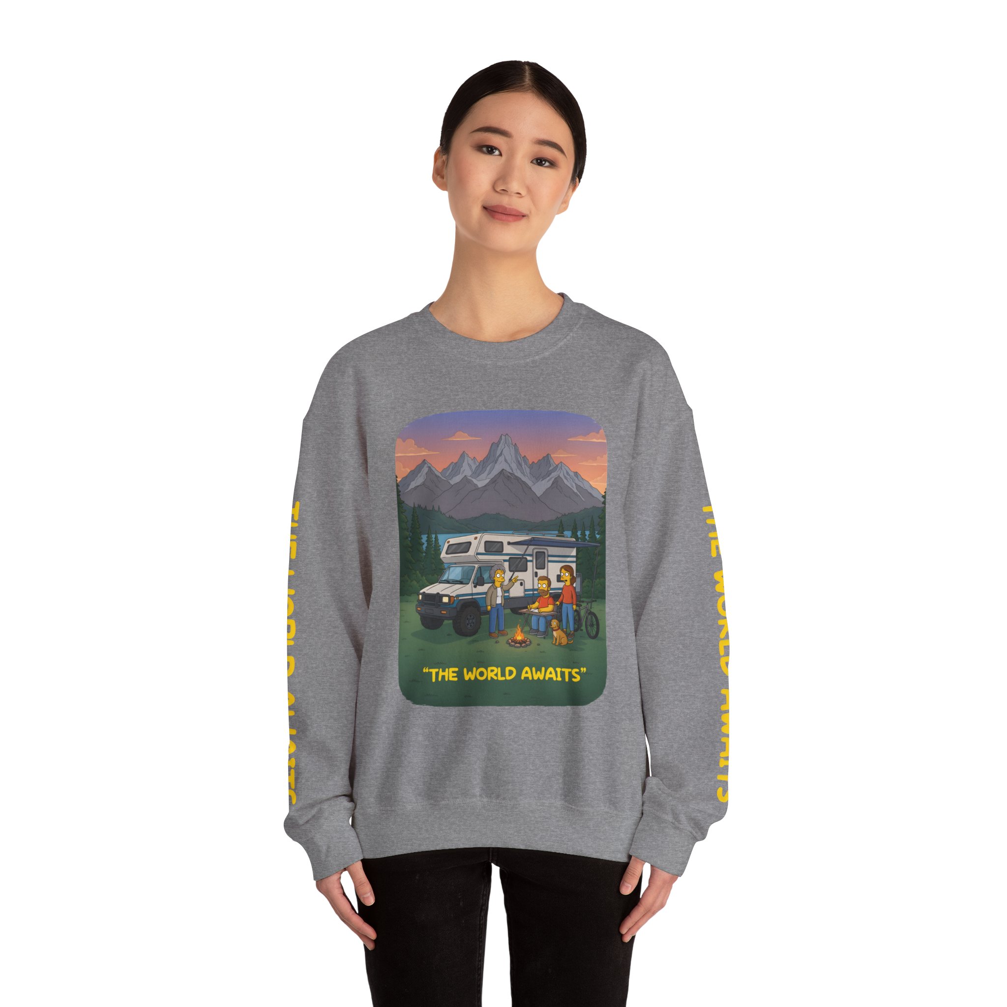 Unisex Heavy Blend™ Crewneck Sweatshirt — "The World Awaits" Design Sitcom-Line