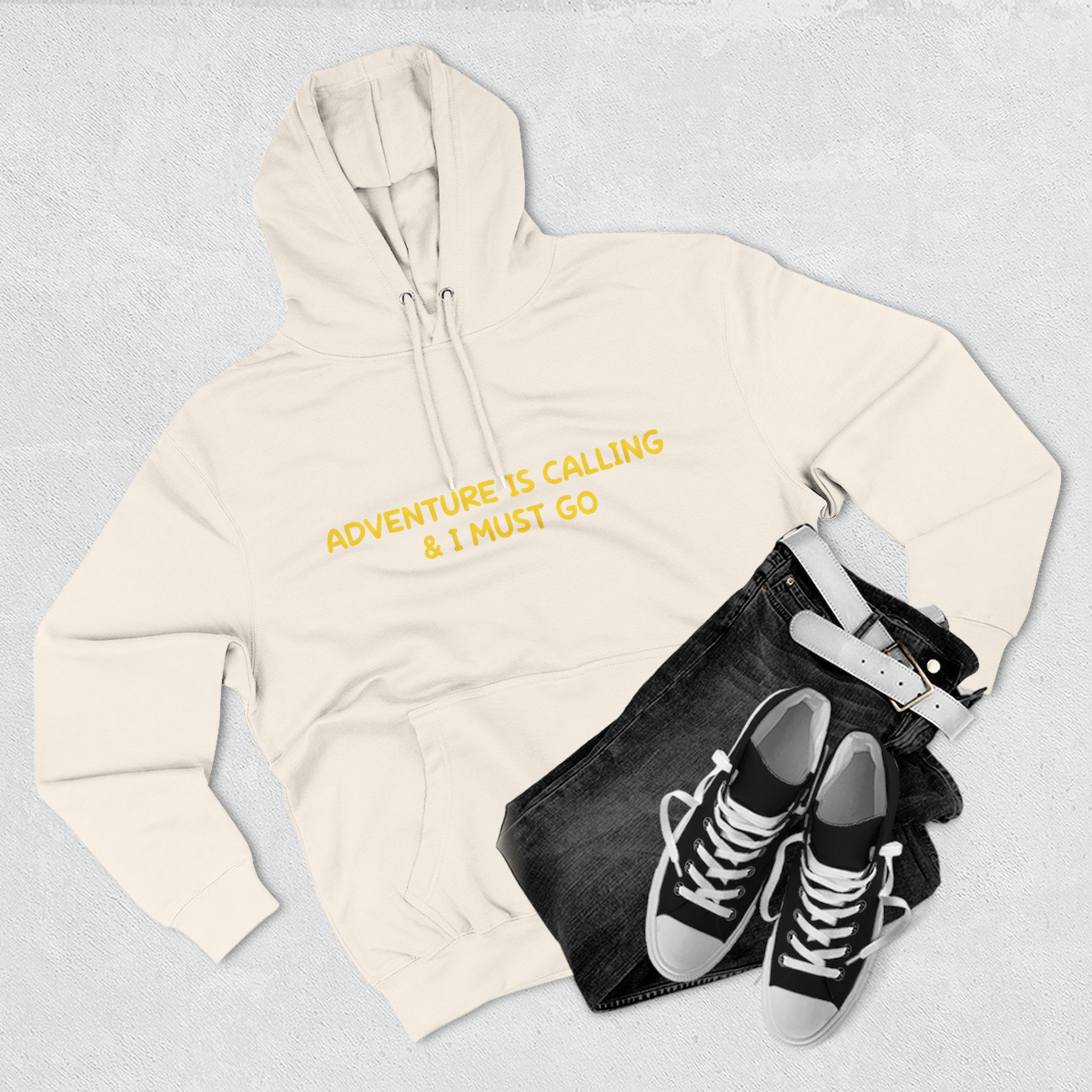 Three-Panel Fleece Hoodie - "Adventure Is Calling-I Must Go" Design Sitcom-Line