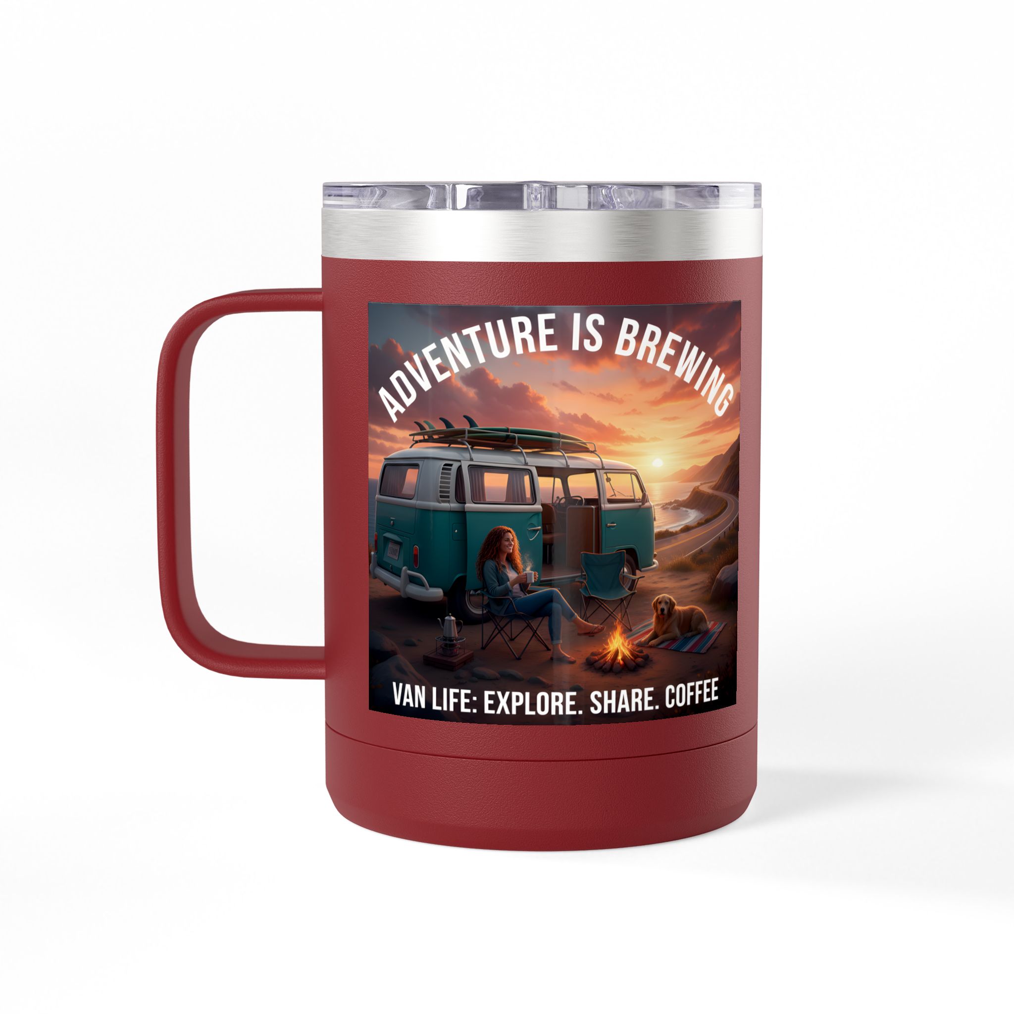 Coffee Mug Tumbler, 15oz-- "Adventure Is Brewing"