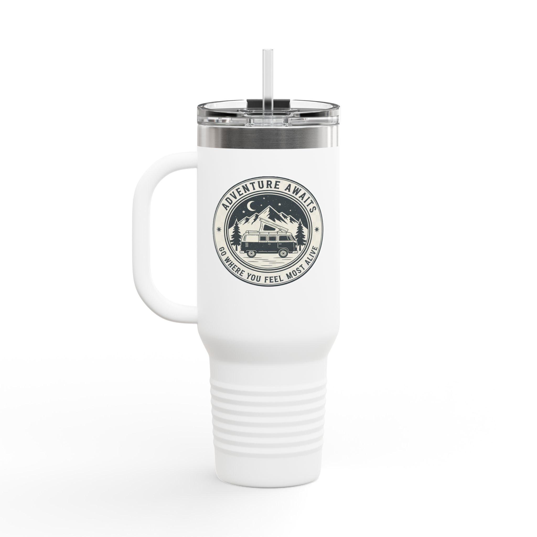 Insulated Travel Mug - "Adventure Awaits-Go Where You Feel Most Alive" (40oz) – Retro Camper Design, Keep Drinks Hot or Cold
