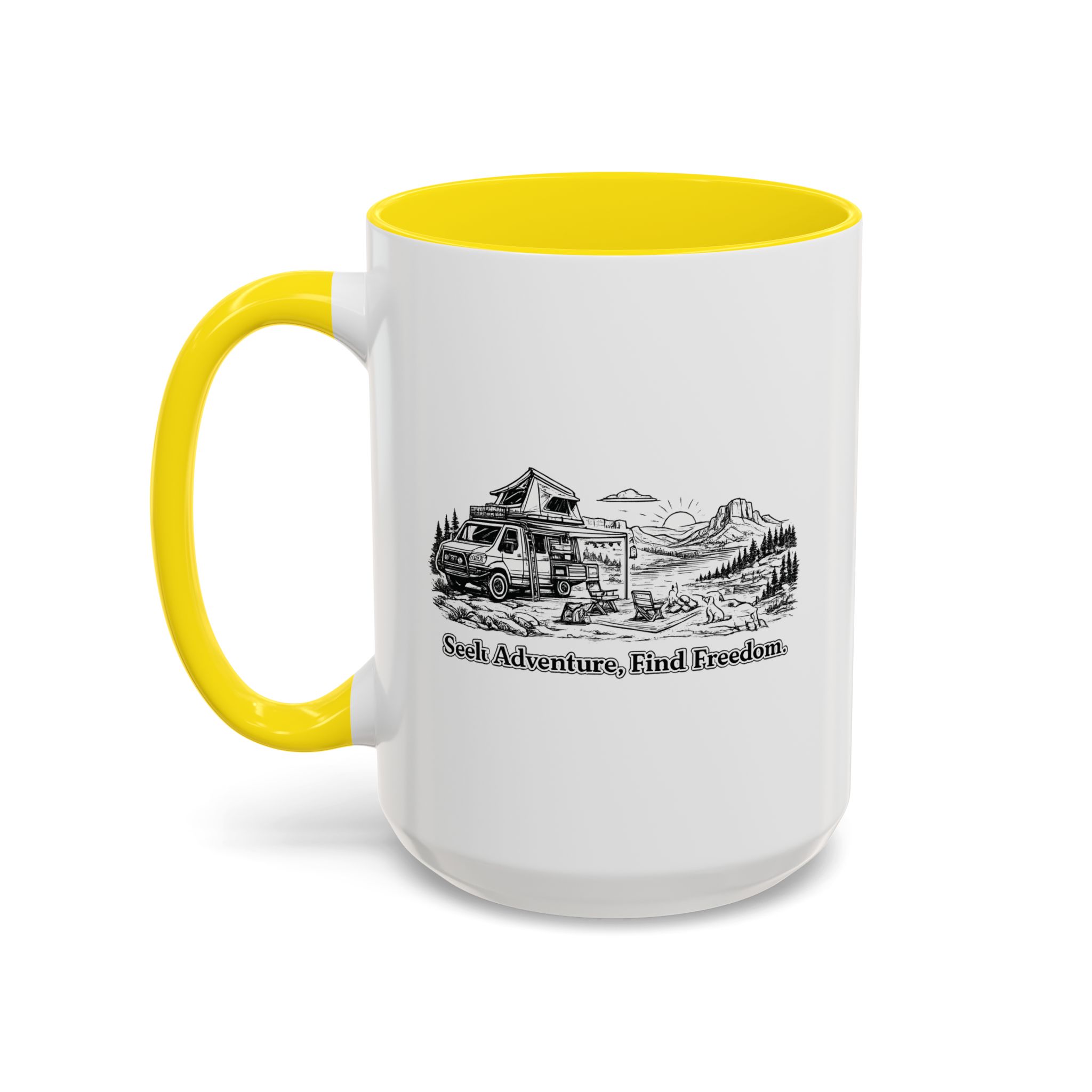 Accent Coffee Mug (11, 15oz) — "Seek Adventure, Find Freedom" Design Minimal-Line