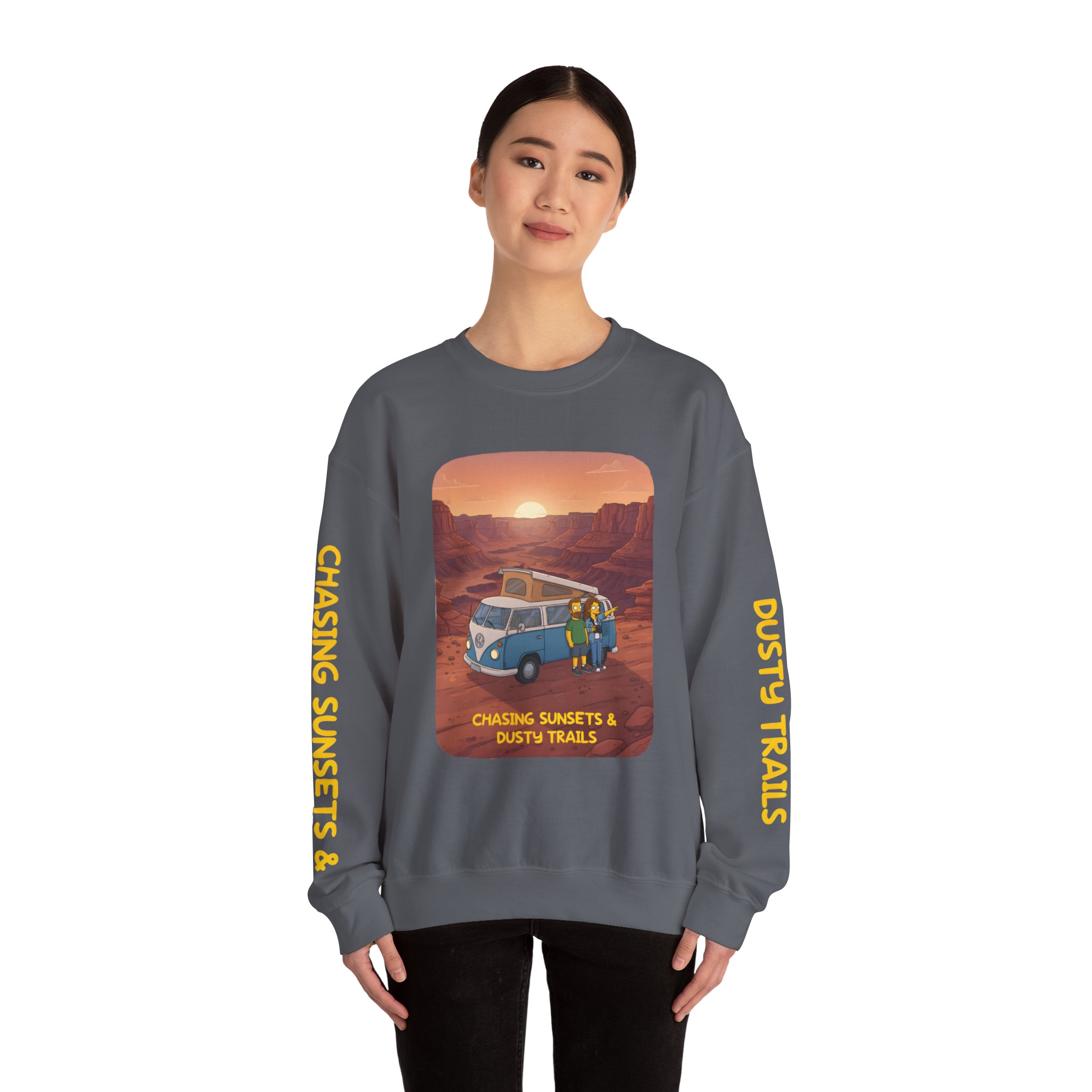Unisex Heavy Blend™ Crewneck Sweatshirt — "Chasing Sunsets And Dusty Trails" Design Sitcom-Line