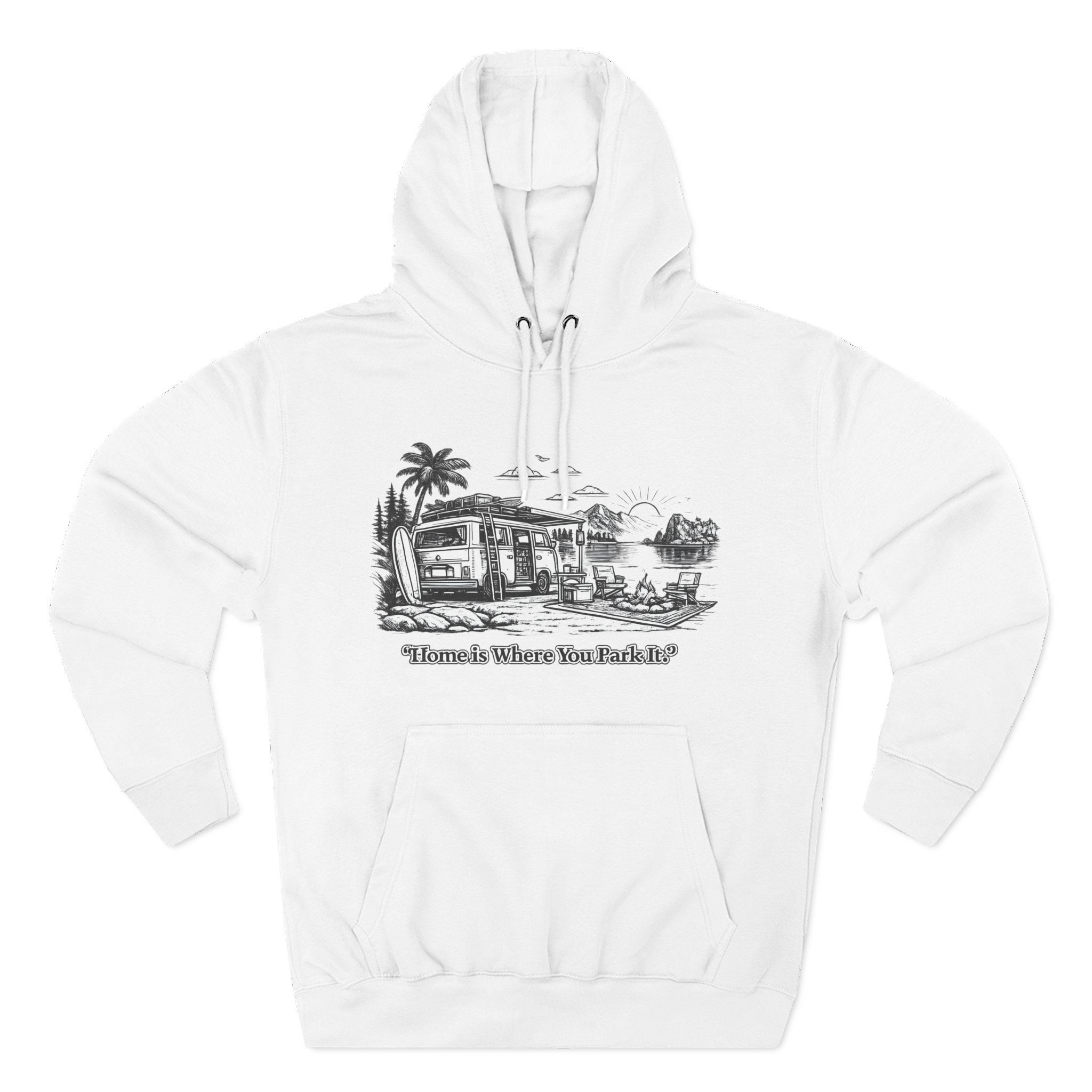 Three-Panel Fleece Hoodie - "Home Is Where You Park It" Design Minimal-Line