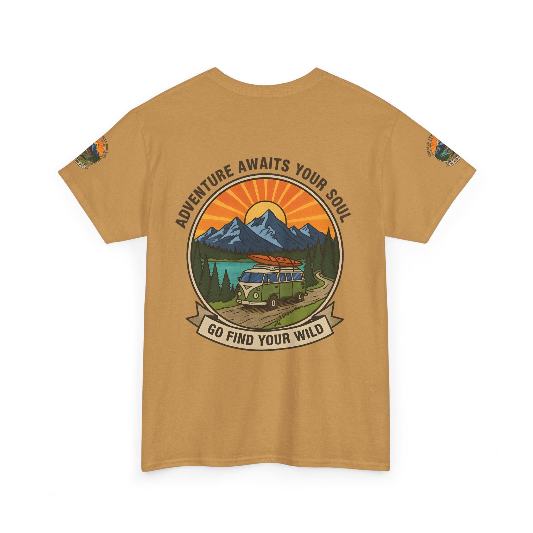 Unisex Heavy Cotton Tee — “Adventure Awaits Your Soul: Go Find Your Wild” Van & Mountain Graphic