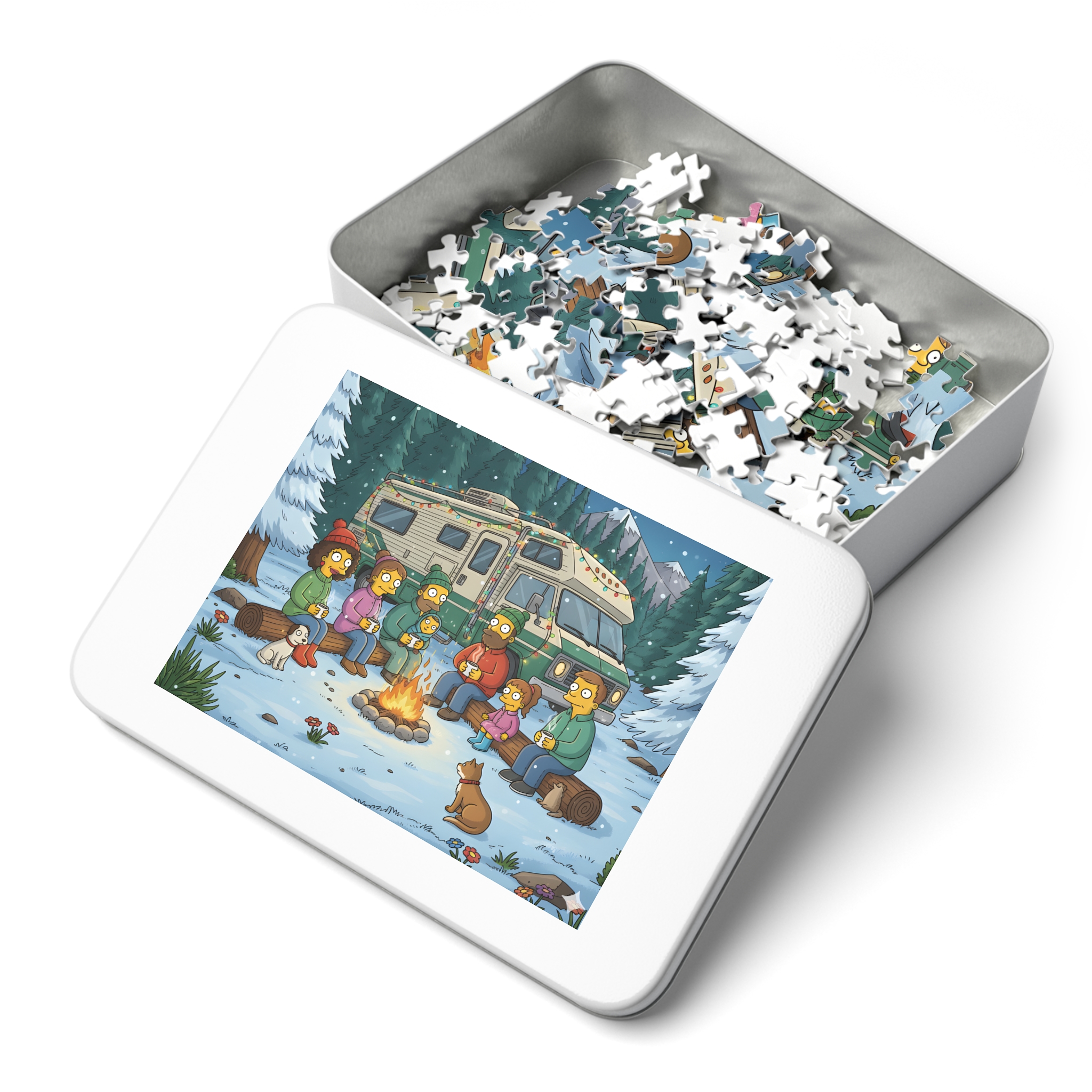 Jigsaw Puzzle with Tin — Cozy RV Winter Scene with Campfire